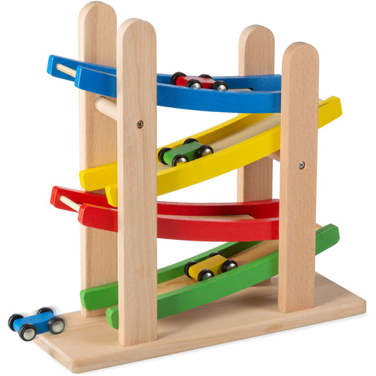 Play22 Wooden Car Ramps Race - 4 Level Toy Car Ramp Race Track Includes 4 Wooden Toy Cars - My First Baby Toys - Toddler Race Car Ramp Toy Set is A Great Gift for Boys and Girls - Original By Play22