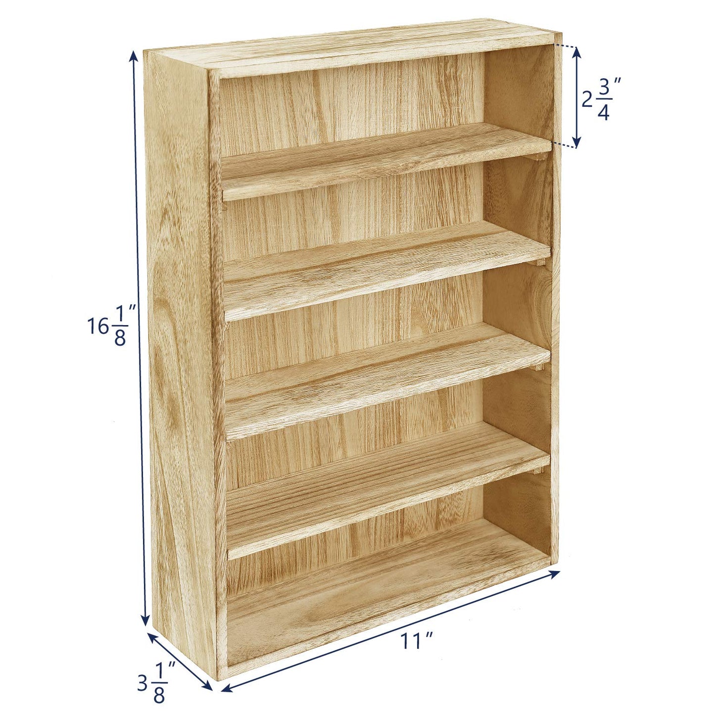 Ikee Design Wooden Wall-Mounted Display Shelves Rack for Collectibles-Figures,Shot Glasses, Spice Can,Cosmetics or Perfume-5 Adjustable Height Shelves,Space-Saving,Oak Color