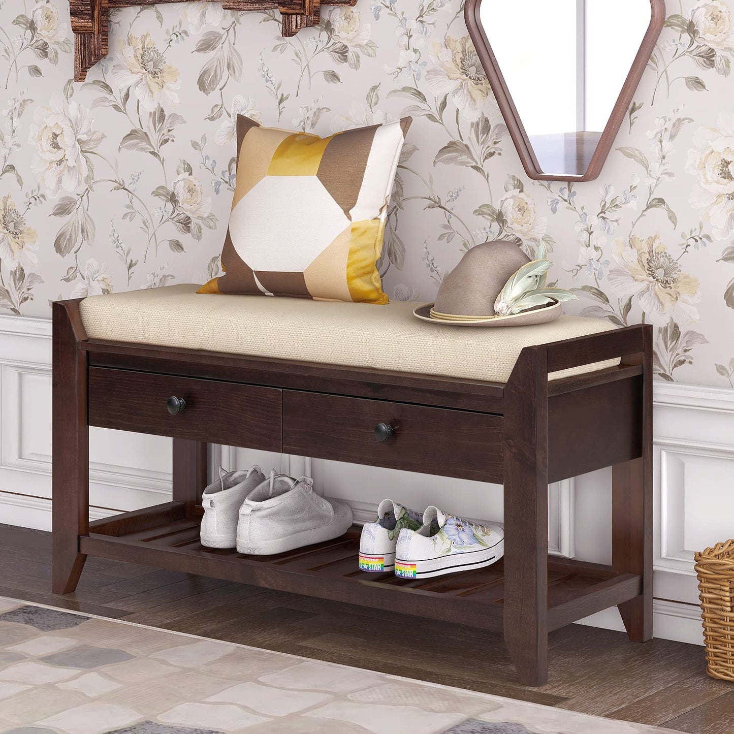 Tzou Storage Bench,39''Storage Living Room Foot Rest with Cushion Seating and Storage Drawers,Multipurpose Wooden Shoe Bench with Bottom Shelf for ntryway Hallway Living Room Bedroom Espresso