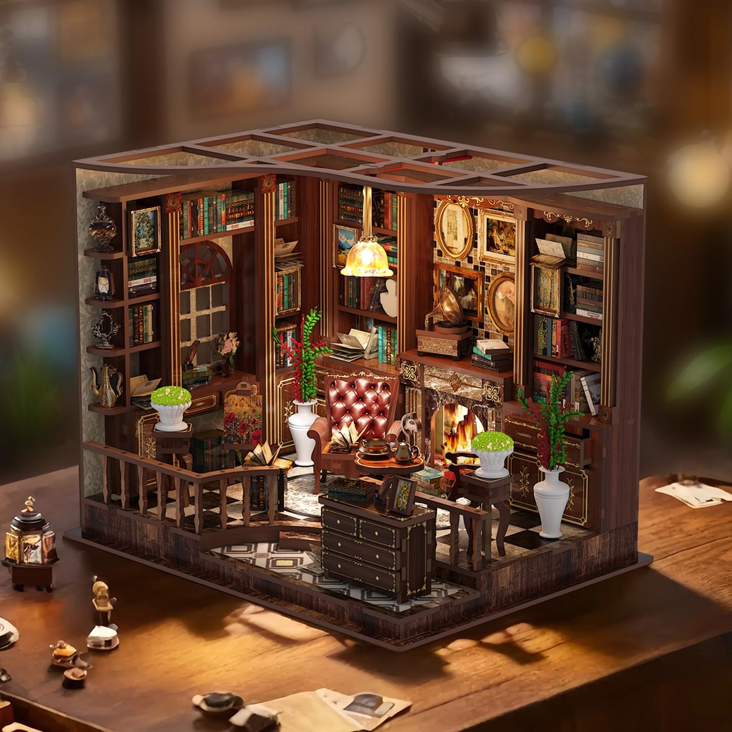 Hallisun DIY Miniature House Kit, Mini 3D Wooden Left Bank Study Building Kit with Furniture and LED, Tiny Diorama Dollhouse Model Set, Handmade House Craft Birthday for Adults Teens