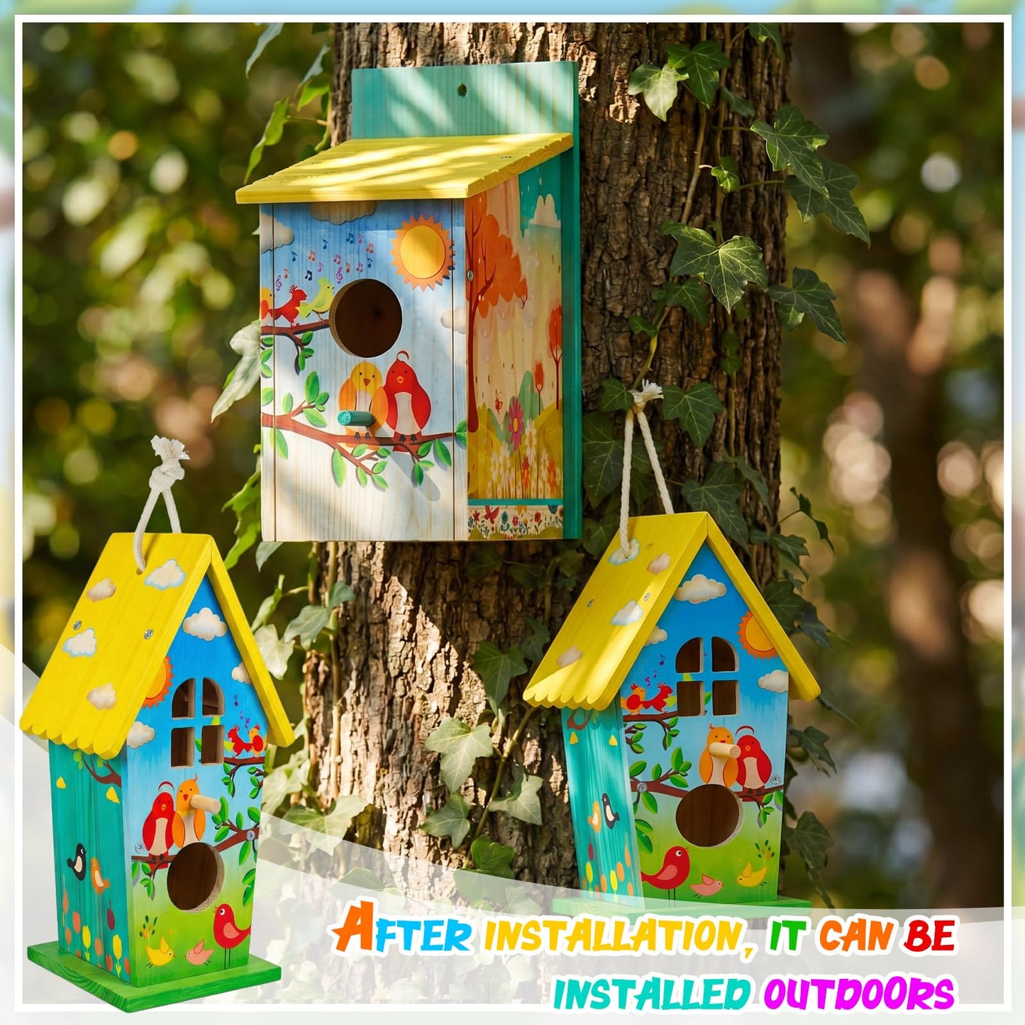 Liliful 2 Pack DIY Bird House Kits for Kids, Thickened Wooden Creative DIY Birdhouse Kits Arts and Crafts Set for Kids and Adults, Outdoor Woodworking Crafts Gifts for Toddlers Ages(Natural Style)
