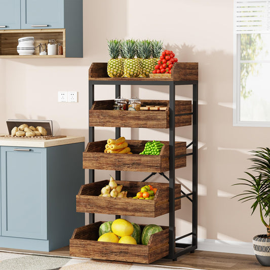 Tribesigns Wood Fruit and Vegetable Storage Rack, 5-Tier Pull-Out Snack Stand Fruit Basket Stand, Utility Shelf Organizer for Kitchen, Living Room, Bedroom, Rustic Brown