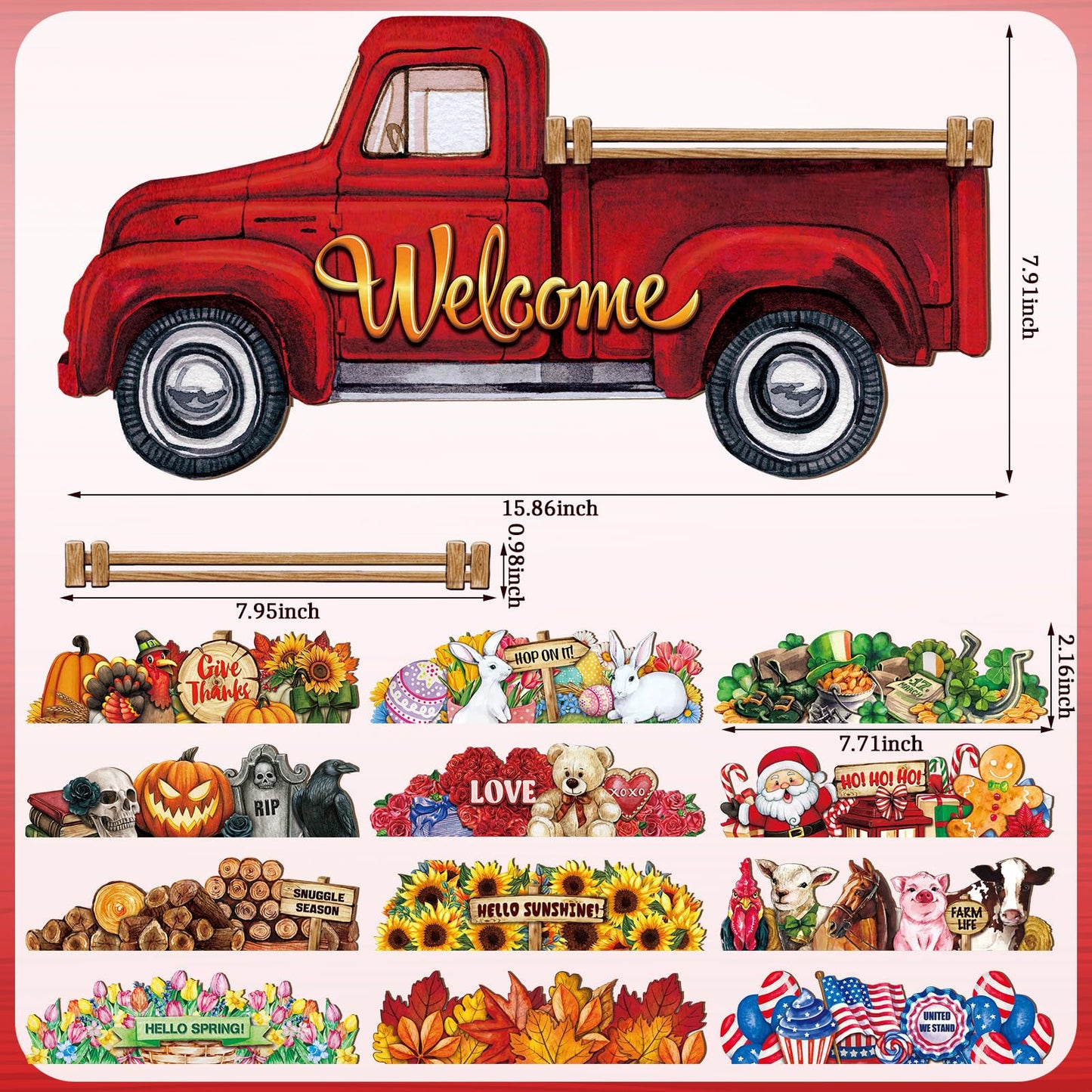 Ferraycle 13 Pcs Fall Interchangeable Welcome Sign, Red Truck Door Hanger with 12 Seasonal Signs, Holiday Christmas Rustic Farmhouse Front Door Decor