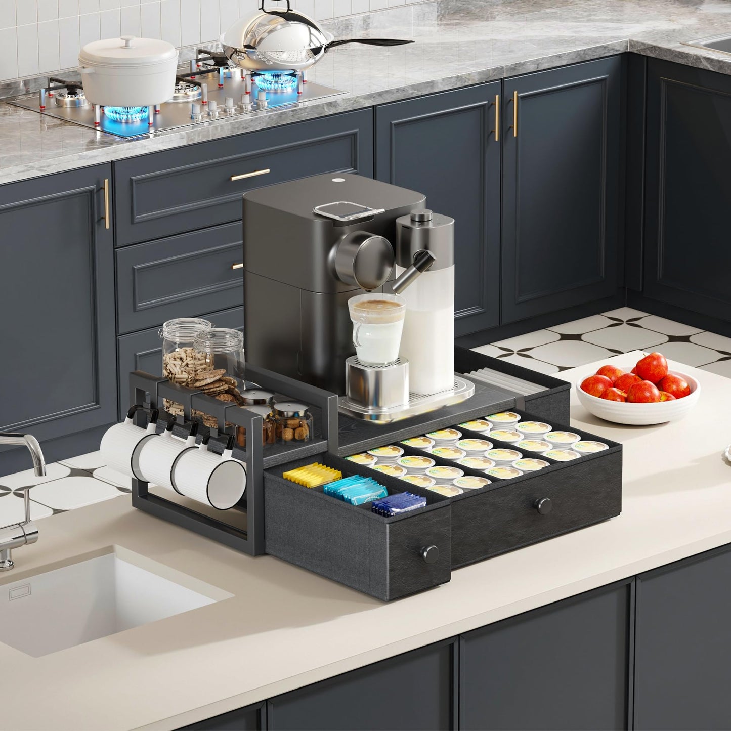Homeiju Coffee Pod Drawers - K Cup Organizer, Nespresso Pods Holder with Mug Rack, Coffee Holder for Countertop, 52 Capacity Pods, Suitable for Kitchens, Offices and Coffee Bars(Black)