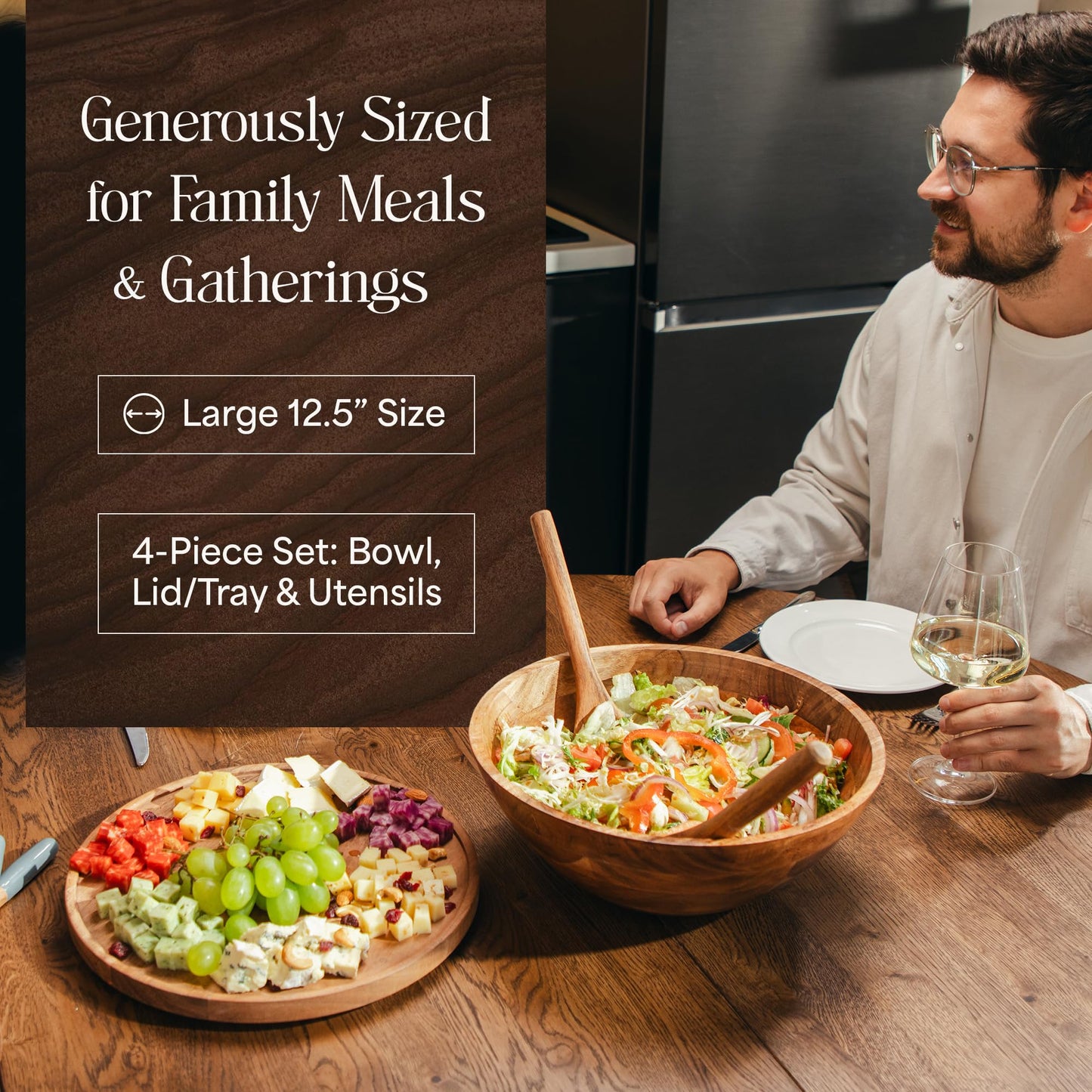 Public House Large Wooden Salad Bowl Set 12.5 Inch with Serving Utensils, Tray Lid and Carry Strap. Acacia Wood Large Salad Bowls Ideal for Fruits and Dishes, Wooden Bowls for Food, Serving Bowl