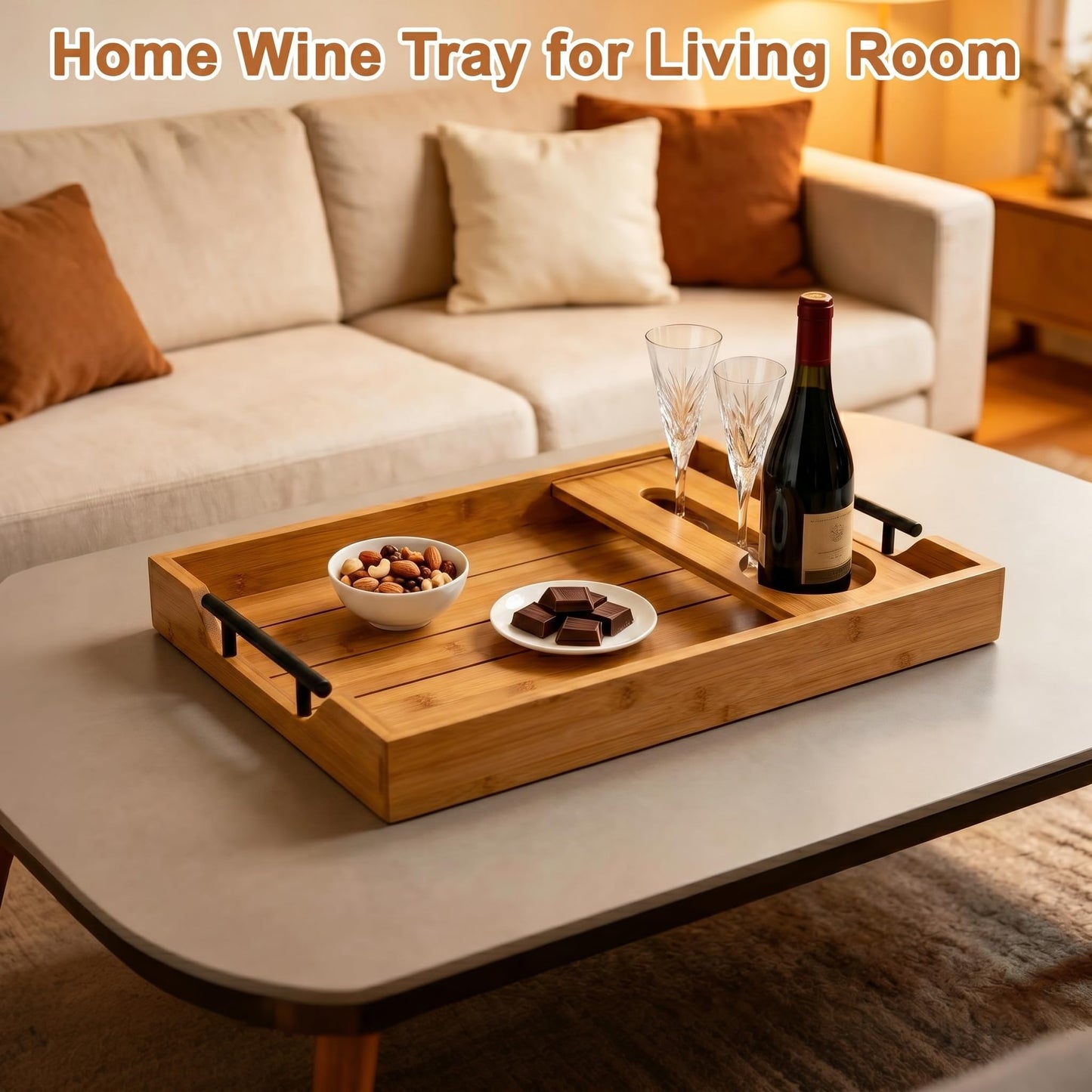 Bamboo Serving Tray with Wine Glass Holder, Couch Snack Tray with Handles for Wine, Cheese and Fruit, Movie Night Tray for Sofa, Coffee Table, Wedding and Housewarming Gift