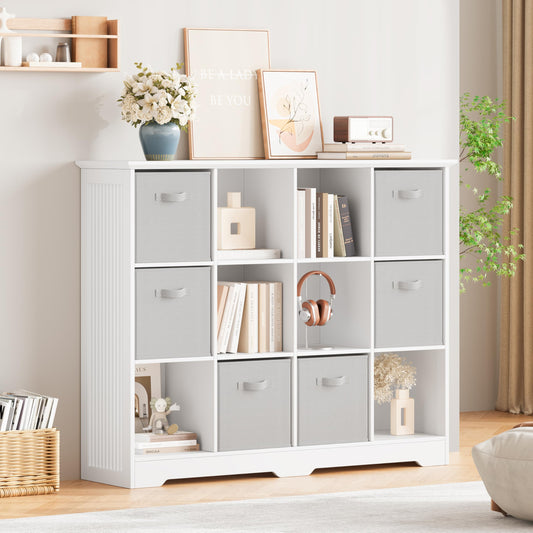 METOTI 12 Cube Storage Organizer Shelf, Wood Cubby Storage with 6 Fabric Drawers, 3 Tier Wooden Bookshelf with 2 Adjustable Shelves & Fluted Side Panels for Bedroom, Living Room, Home Office, Whtie