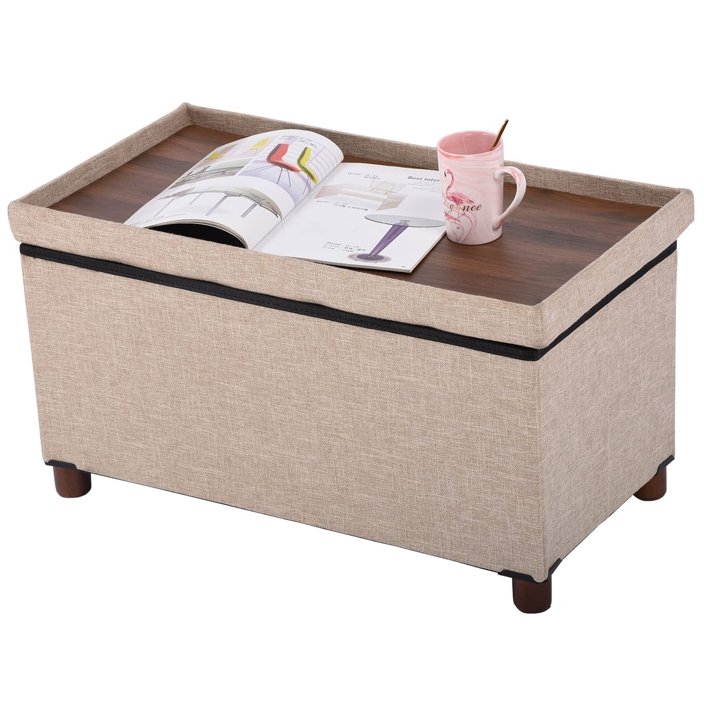 Ao Lei 30 Inches Storage Ottoman Bench, Storage Bench with Wooden Legs for Living Room Ottoman Foot Rest Removeable Lid for Bedroom End of Bed, Linen Fabric, Folding Beige Ottoman
