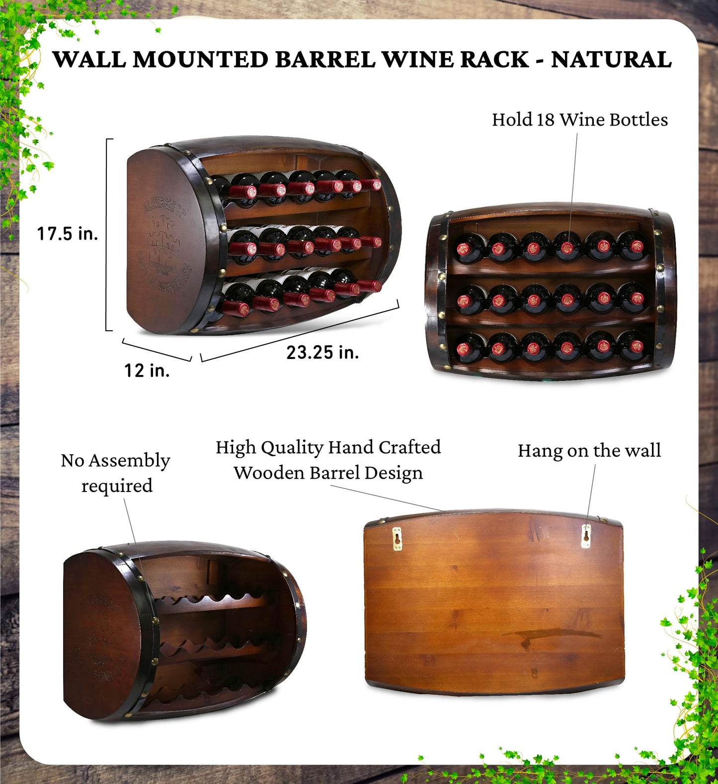 CoTa Global Napoleon Mounted Wall Wine Rack - 18 Wine Bottles Wooden Barrel Wine Rack, Hanging or Freestanding Floor Wine Holder, Liquor Bar Shelves, Rustic Wine Storage Shelf Organizer Home Decor