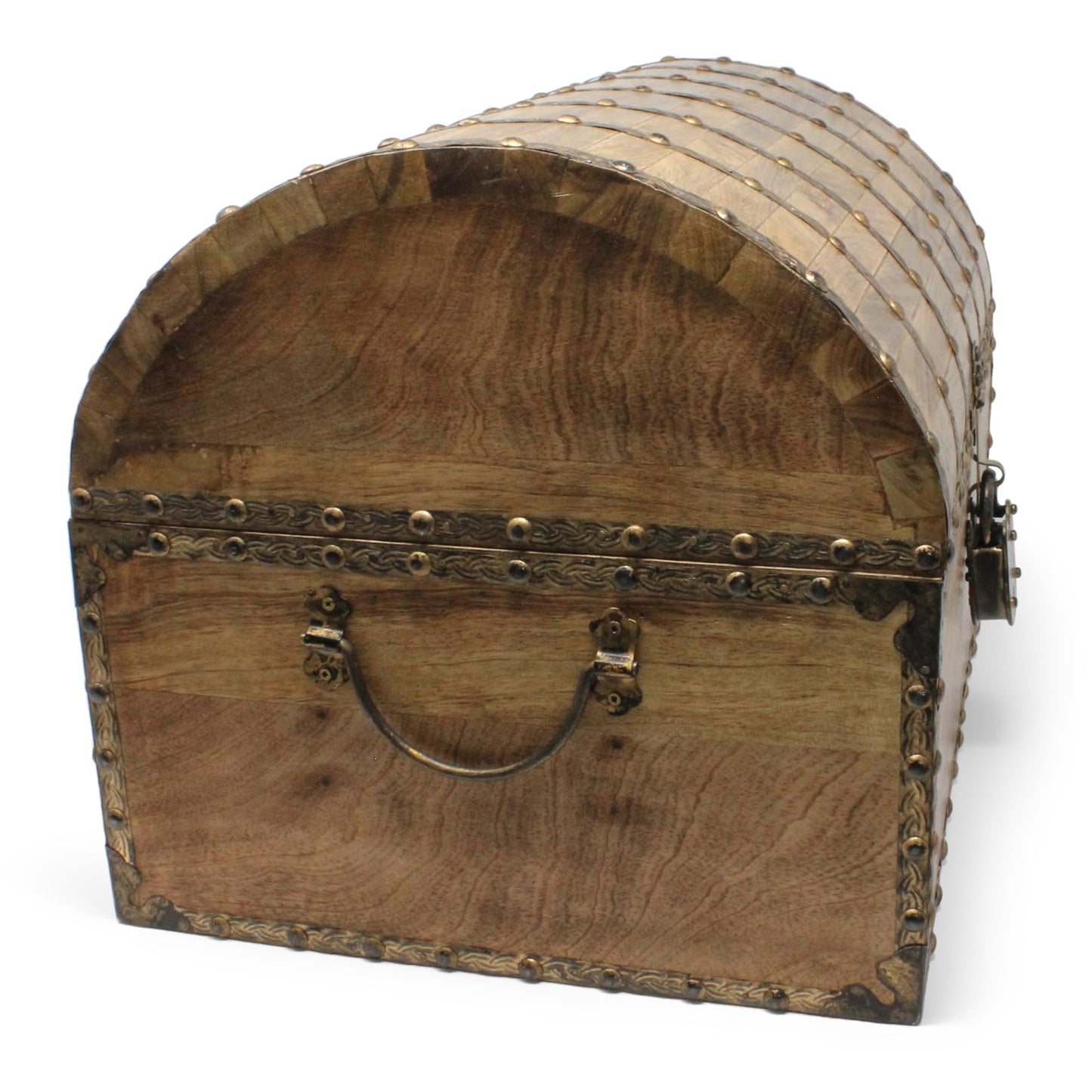Nautical Cove Antique Finish Wood Treasure Chest with Decorative Rivets and Reinforcing Iron Strips with Lock and Skeleton Keys (Light Antique, X-Large 16x12x12) - Wooden Keepsake Box, Storage Chest