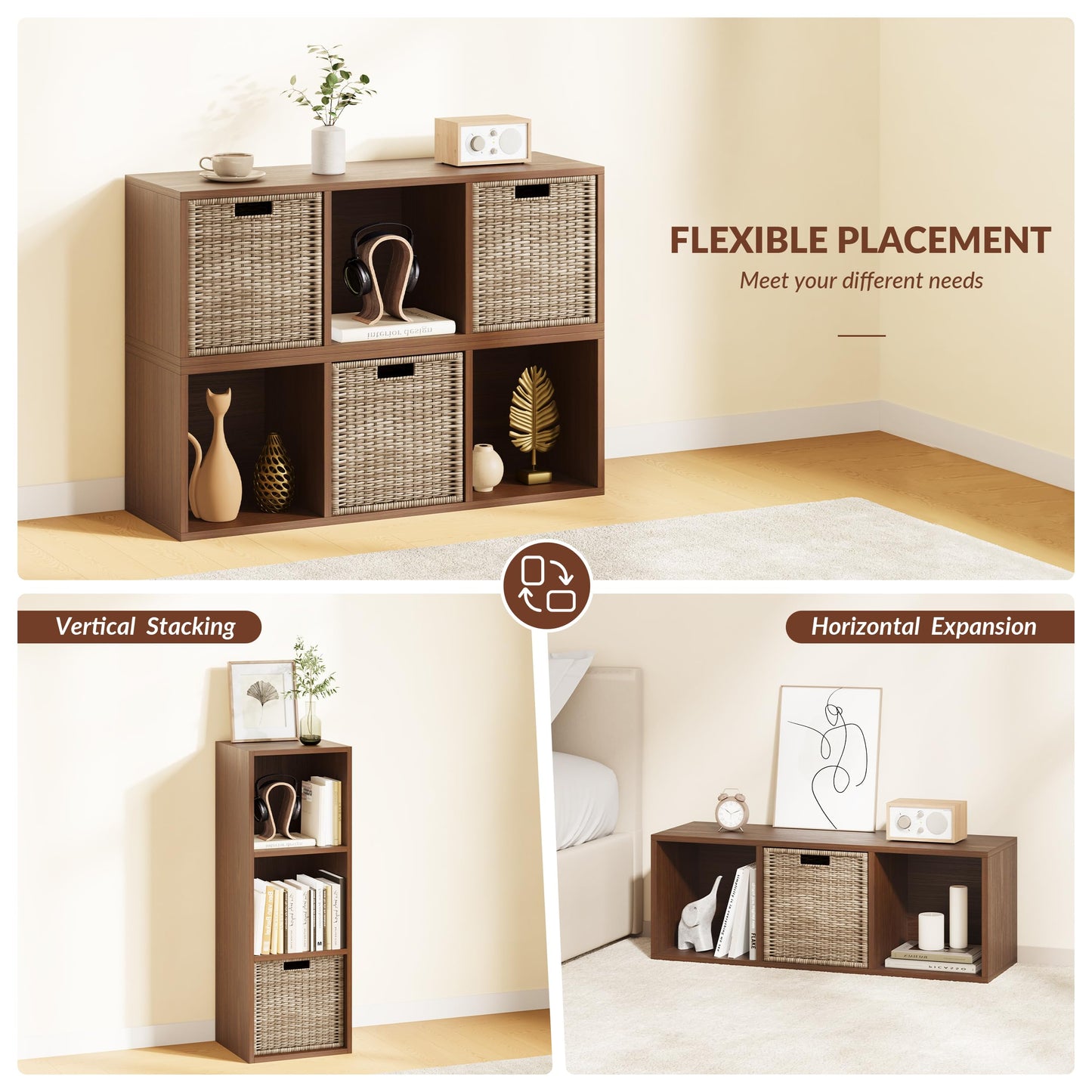 IOTXY DIY Modular Cube Bookcase - CubeXY Customizable Stackable Expandable Basic Shelving Units, 3-Cube Wooden Open Bookshelf for Fabric Storage Bin Organizer, Walnut