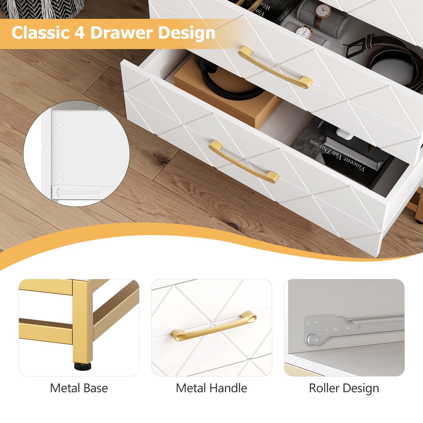 GarveeHome Wooden Dresser for Bedroom, Dressers & Chest of Drawers with 4 Drawer, Wood nightstand for Storage and Organization (White)