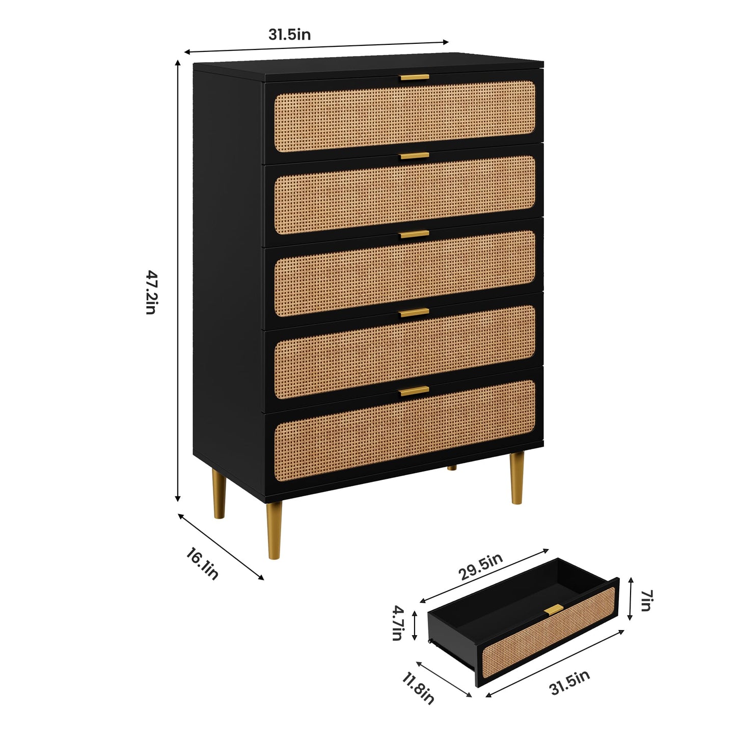 GarveeHome Rattan 5 Drawer Dressers for Bedroom, Tall Dresser with Deep Drawers, Large Chest of Drawers for Closet with Wide Top, Long Wooden Dresser for Living Room, Hallway, Kids Room, Black