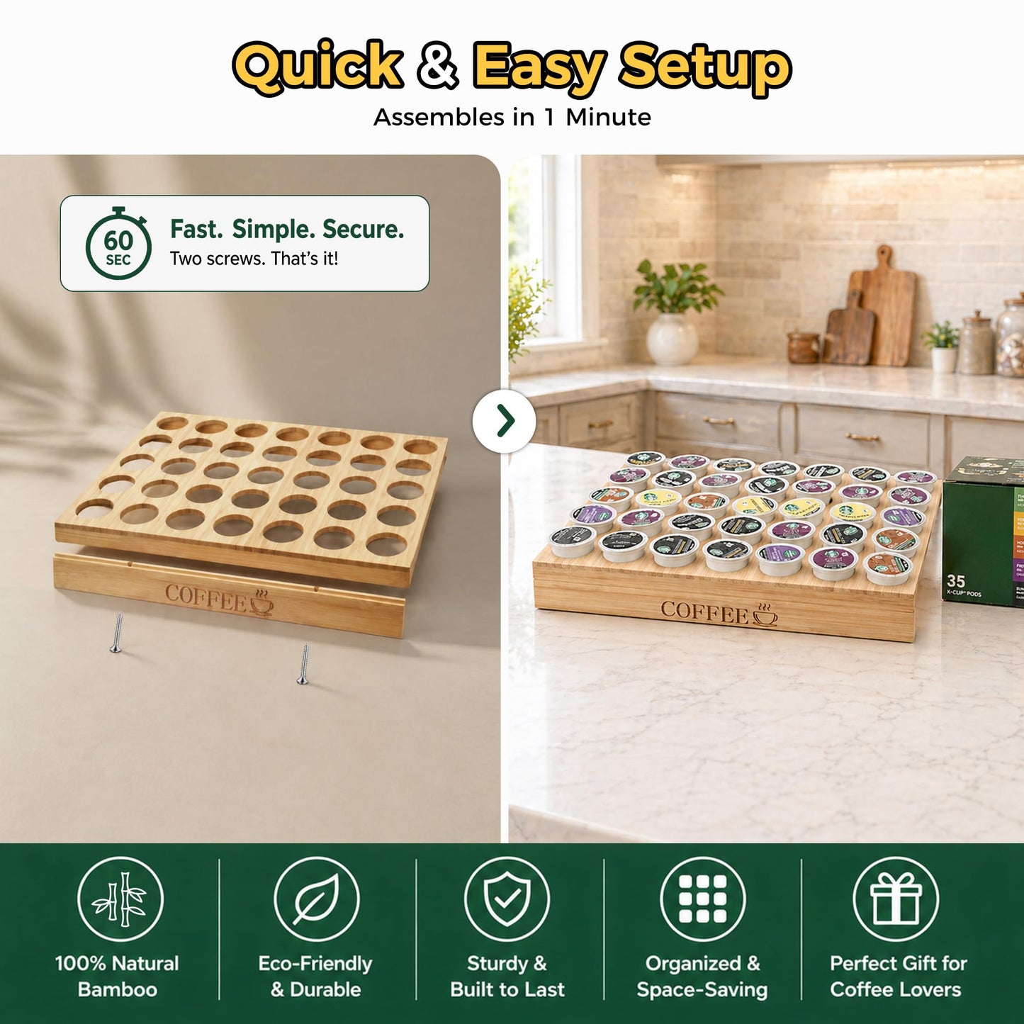 MinBoo BamBoo k cup holder Drawer or Countertop k cup Organizer Coffee Pod Holder Hold 35 Coffee Pod Storage Kcup coffee pods holder for coffee station Office and Kitchen k cup storage