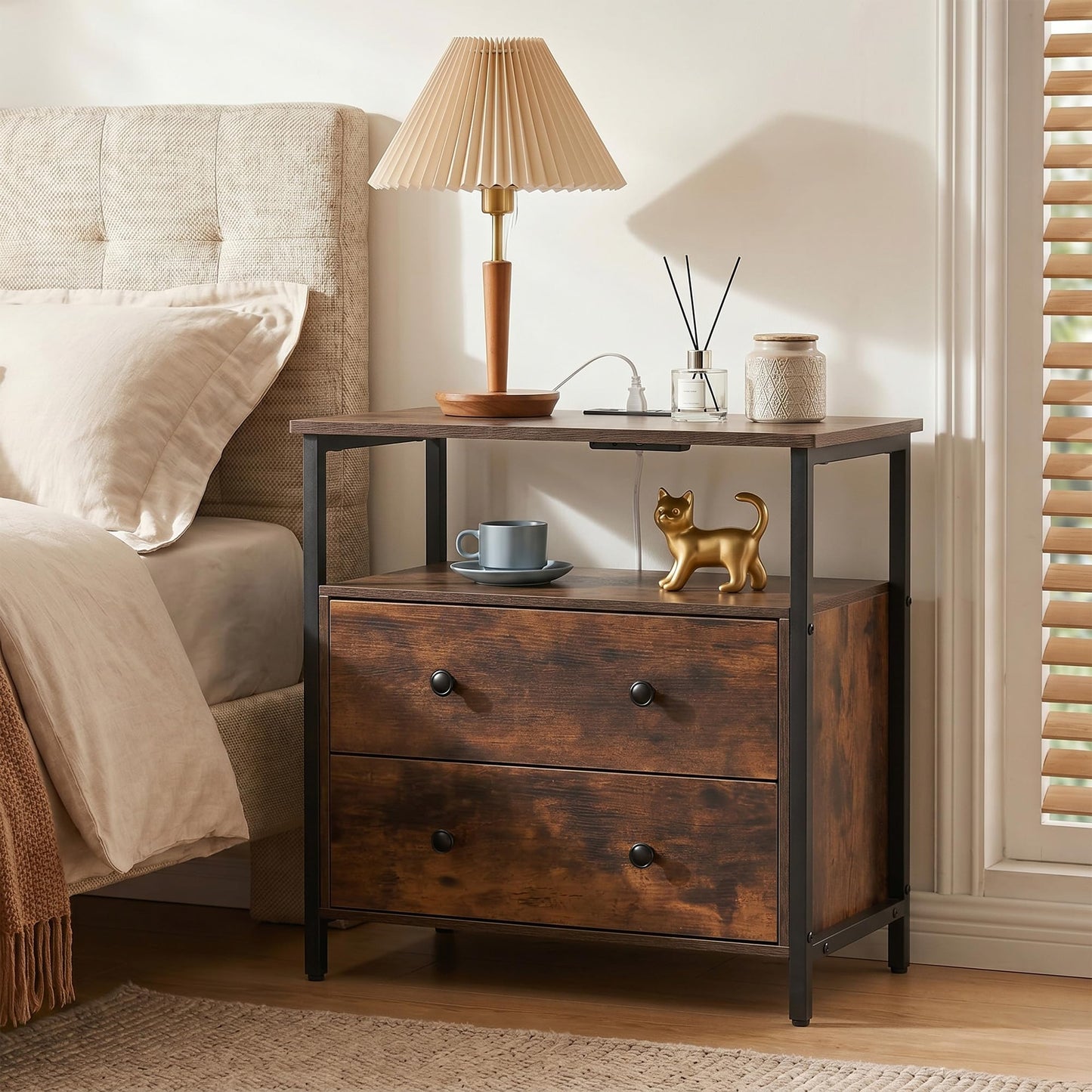 Edbuosy 27 inch Wide Night Stand with Charging Station, Bedside Table with Open Shelf, 2 Drawers Small Wood Dresser, Modern Wood Nightstand for Bedroom/Living Room, Retro Brown