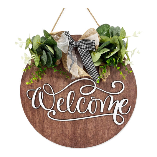 13 Inch Welcome sign for front door Wooden door wreath Decoration Outdoor hanging signs for Gift Farmhuose Home Indoor All Seasons（Brown）