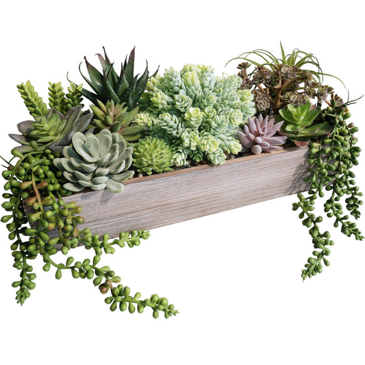 Winlyn 15" Artificial Succulents Plants Arrangement Fake Succulent Plants in Whitewashed Rectangular Wooden Planter Box Faux Potted Plant Decor for Home Windowsill Shelf Farmhouse Table Centerpiece
