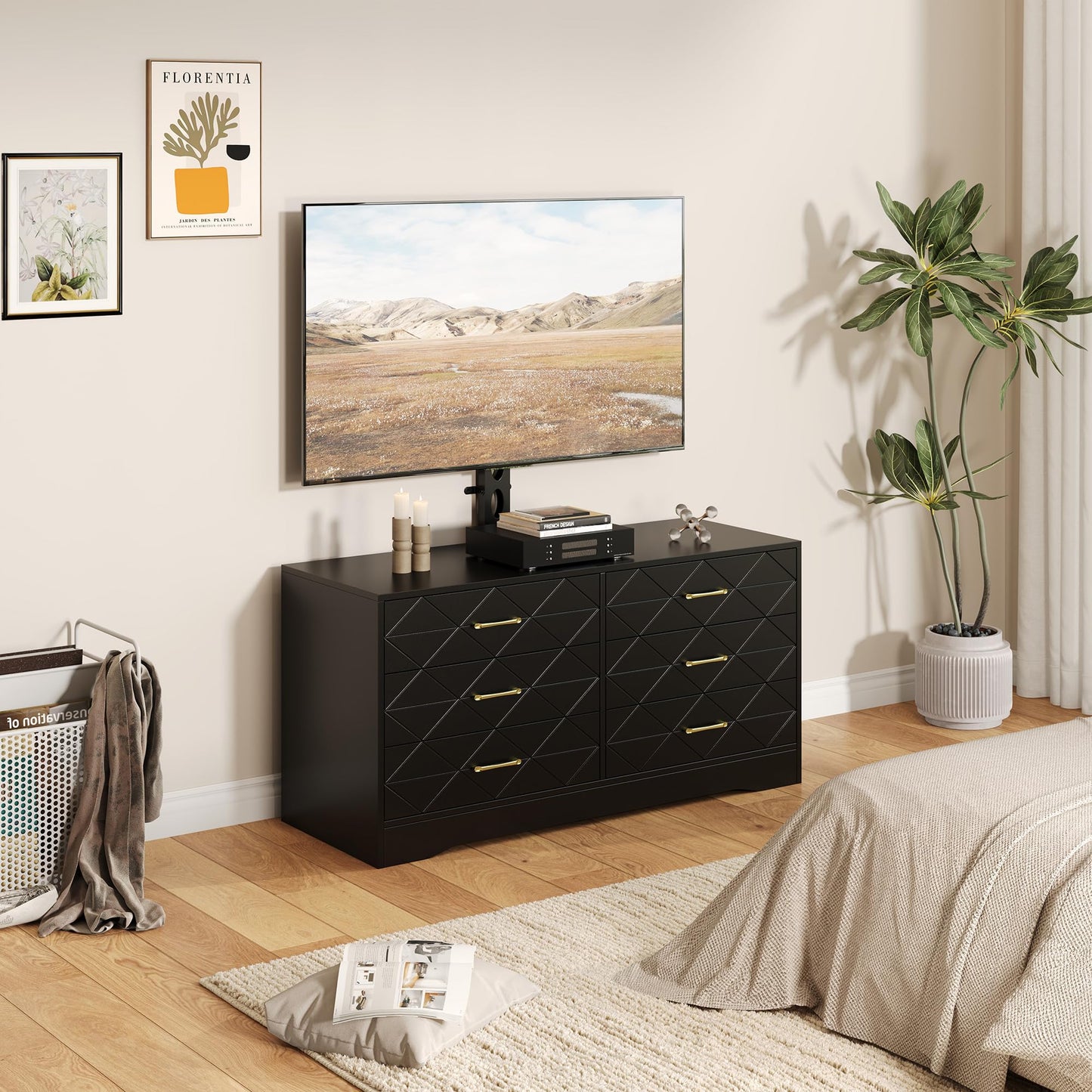 Garvee TV Stand with 6 Storage Drawer for Living Room, Bedroom, Black TV Stands w/Height Adjustable Mount Fit 32-80 Inch TVs, Universal Wooden Dresser As Entertainment Center, Farmhouse Console Table