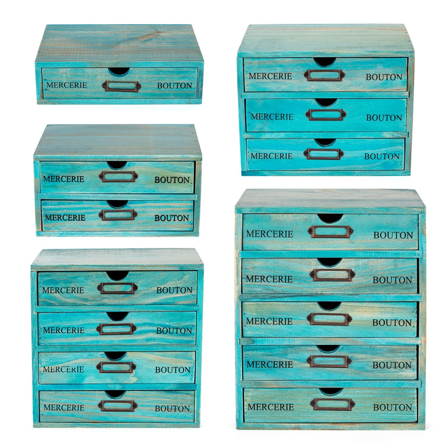 5-piece Full Matching Set Turquoise Wooden Cabinets,European Country Style Desk Organizer Boxes,Multi-level Teal Wooden Stackable Drawers,Countertop Organizer Drawers w/ Label Holder,Desktop Chests