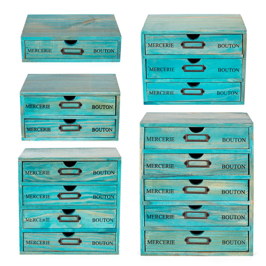 5-piece Full Matching Set Turquoise Wooden Cabinets,European Country Style Desk Organizer Boxes,Multi-level Teal Wooden Stackable Drawers,Countertop Organizer Drawers w/ Label Holder,Desktop Chests