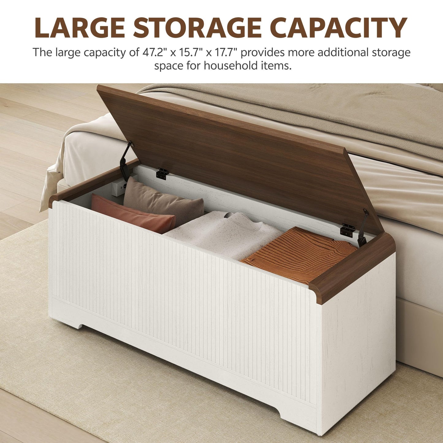 Homiflex Storage Chest, 47.2" Large Entryway Bench with Storage, Wooden Storage Chest for Bedroom w/Lift Top, Modern Blanket Chest with 2 Safety Hinges for Entryway Living Room Hallway, Off White