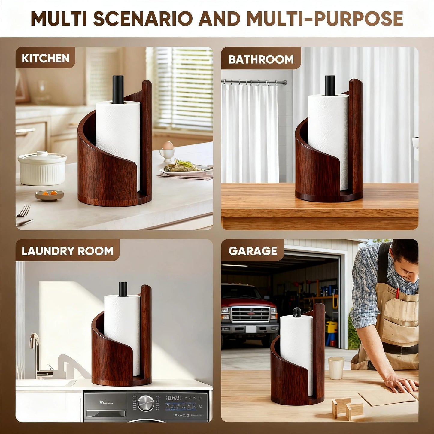 Wooden Paper Towel Holder Countertop-Easy One-Hand Tear, Made of Natural Wood and Metal Luster Rack, Suitable for Kitchen and Bathroom use of Each Table. (Brown)