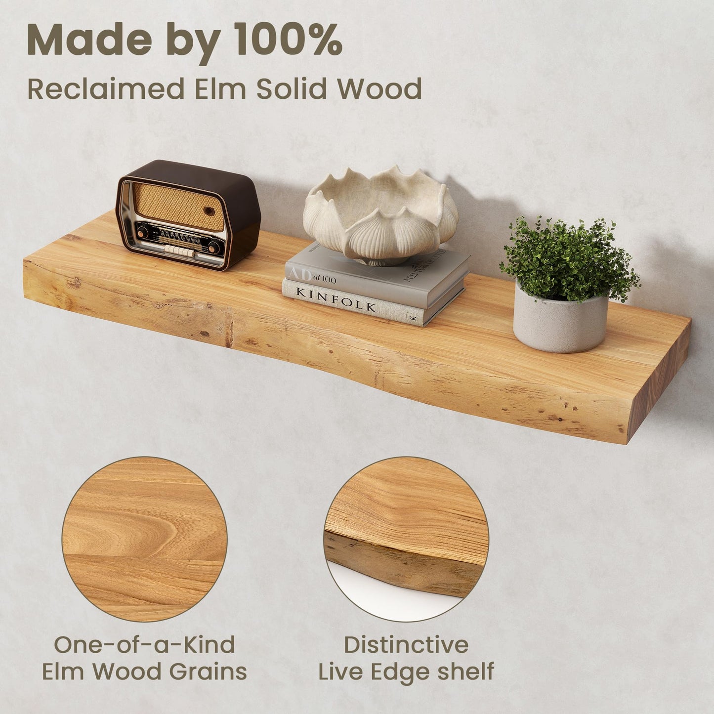 Fun Memories Solid Elm Wood Live Edge Floating Shelves for Wall, 30 x 8 Inch Rustic Wall Shelves Set of 2 with Invisible Brackets for Living Room Bedroom Kitchen, Natural