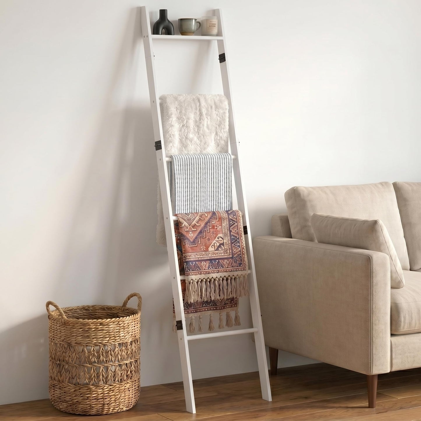 Plusinthebox 6 Tier Blanket Ladder with Shelf, Wooden Blanket Rack for Living Room, Leaning Towel Ladder Rack for Bedroom, Bathroom, Quilts, Throws, Towels and Farmhouse Décor White