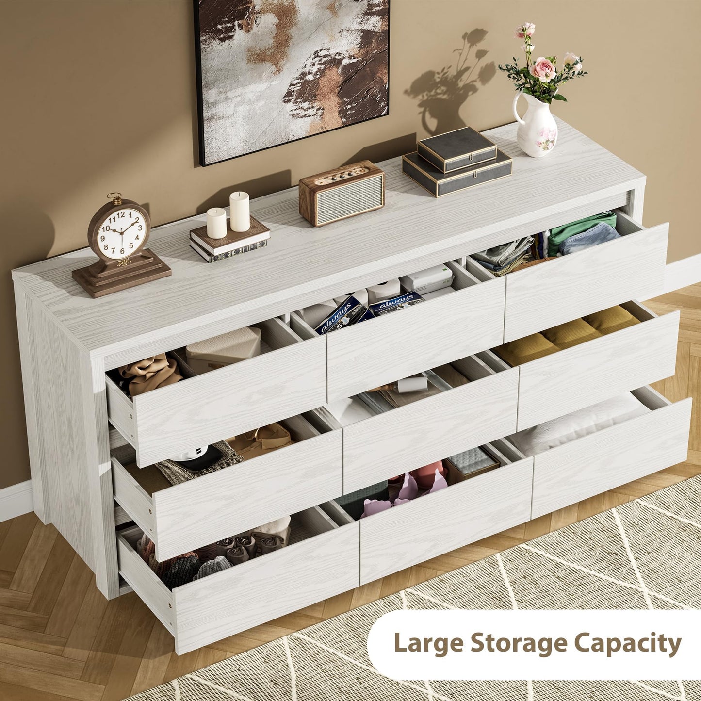 GarveeLife Wooden Dressers with 9 Drawers for Bedroom - White Chest of Drawers for Living Room - Large Modern 9-Drawer Dresser
