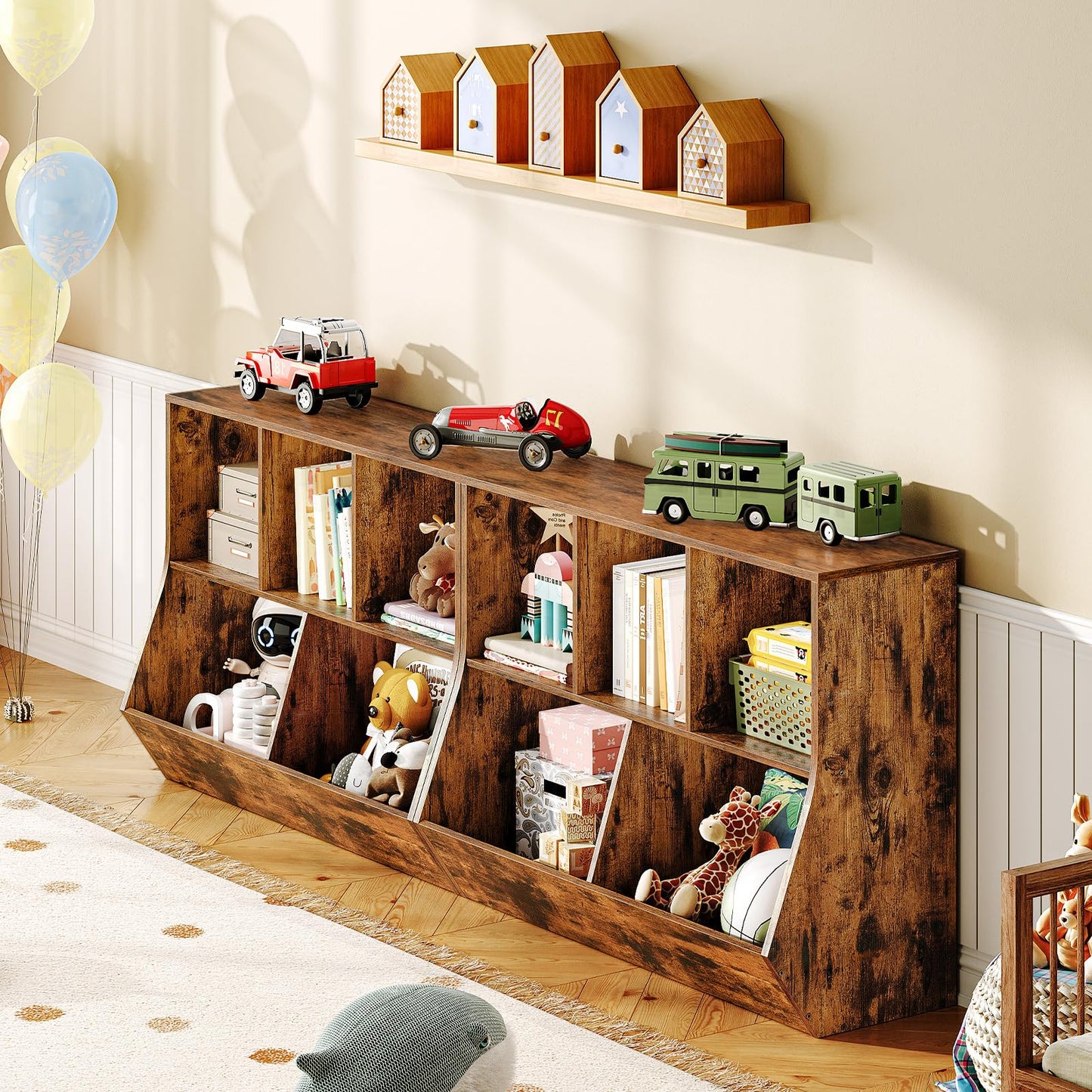 HOOBRO Kids Bookshelf, Bookcase Footboard, Toy Storage Cubby, 35.4" L Children's Toy Shelf, Toy Storage Cabinet, Fit for Children's Room, Playroom, Hallway, Kindergarten, Rustic Brown BF32CW01