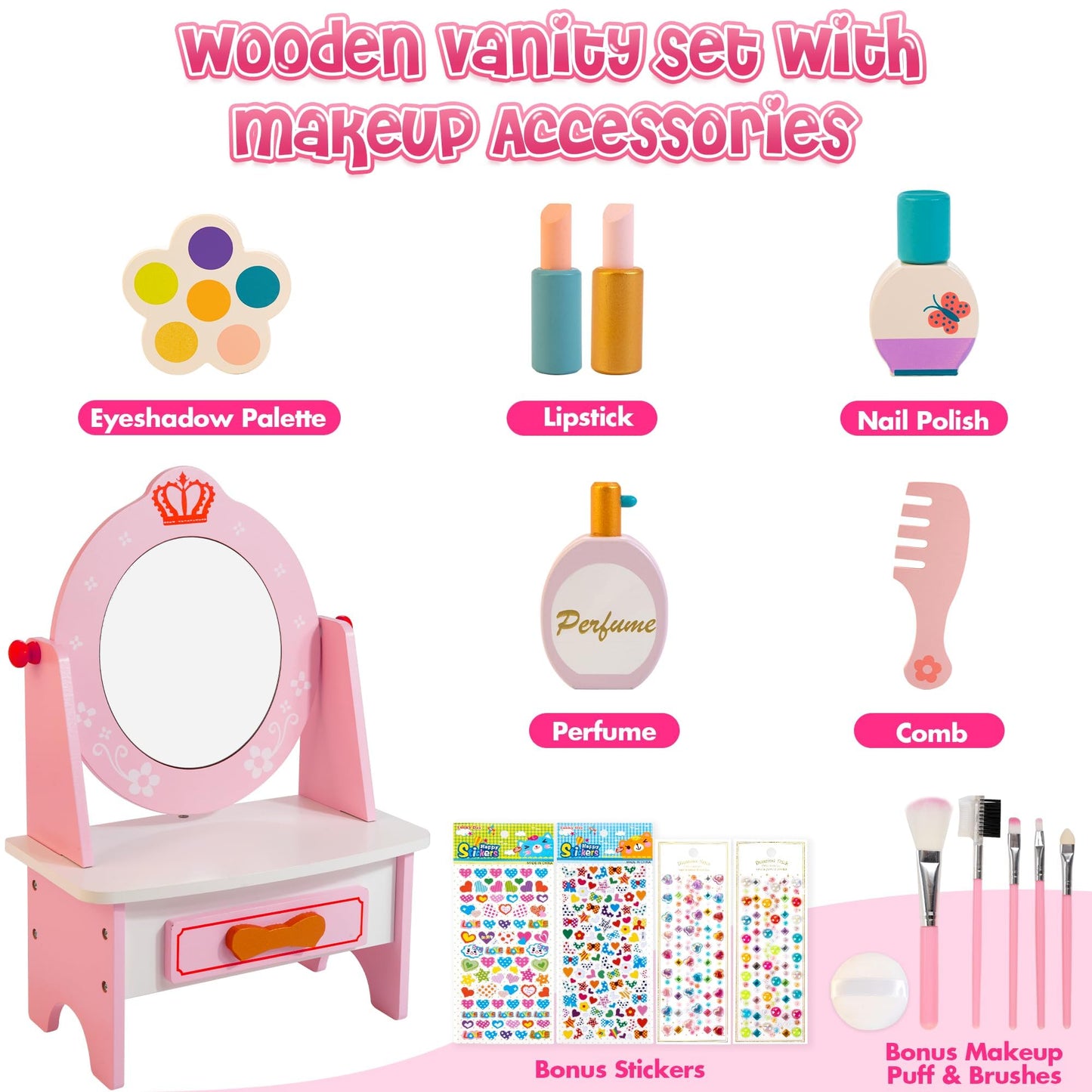 Kizfarm Wooden Dollhouse Furniture Set and Wooden Vanity Set for Kids