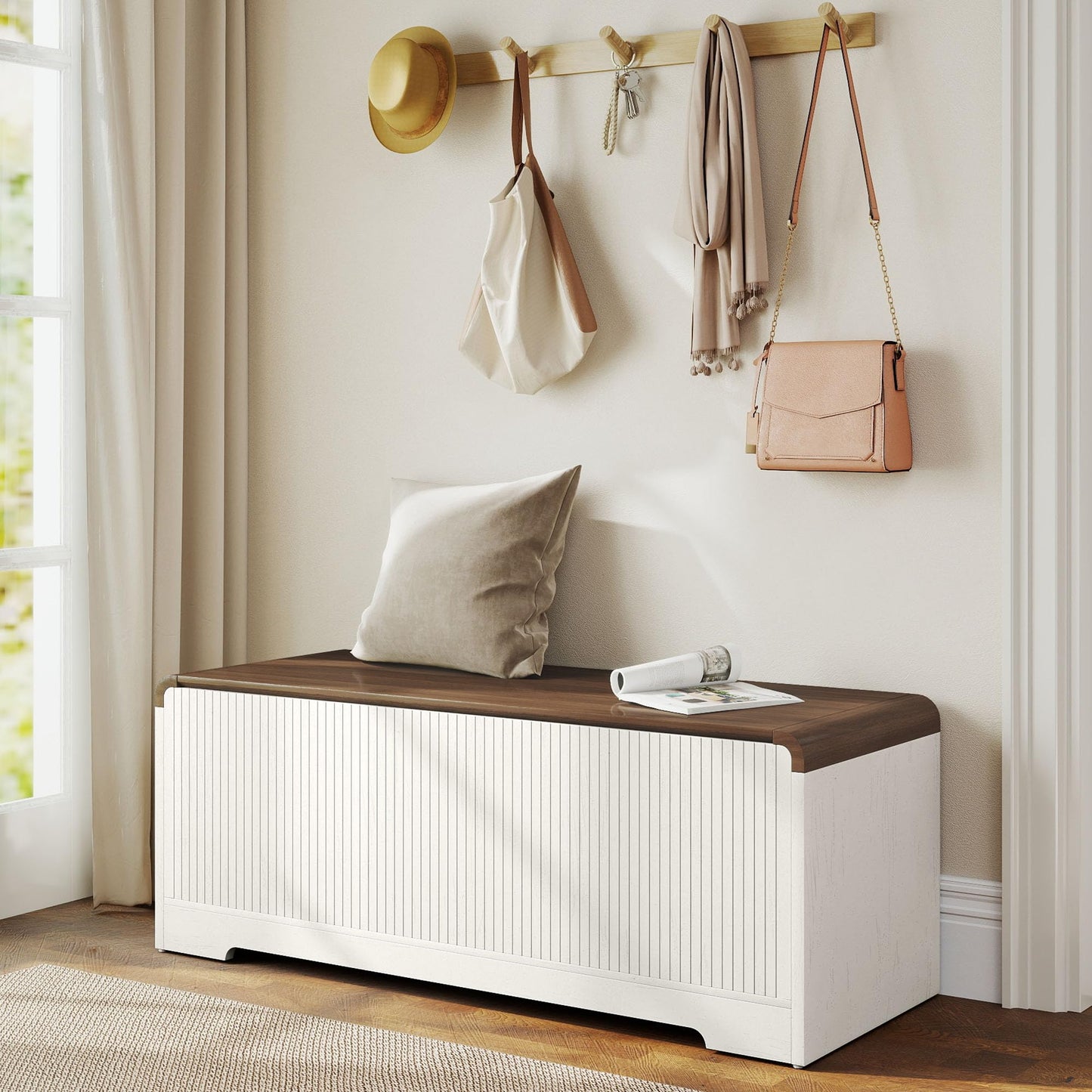 Homiflex Storage Chest, 47.2" Large Entryway Bench with Storage, Wooden Storage Chest for Bedroom w/Lift Top, Modern Blanket Chest with 2 Safety Hinges for Entryway Living Room Hallway, Off White