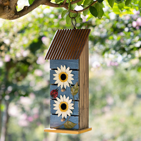 Glitzhome Bird Houses for Outside, Wooden Bird House Patio Garden Decorative Hanging Birdhouse, 15" H Two-Tiered Washed Blue Solid Wood and Metal Daisy Pet Cottage Distressed Birdhouse for Outdoors