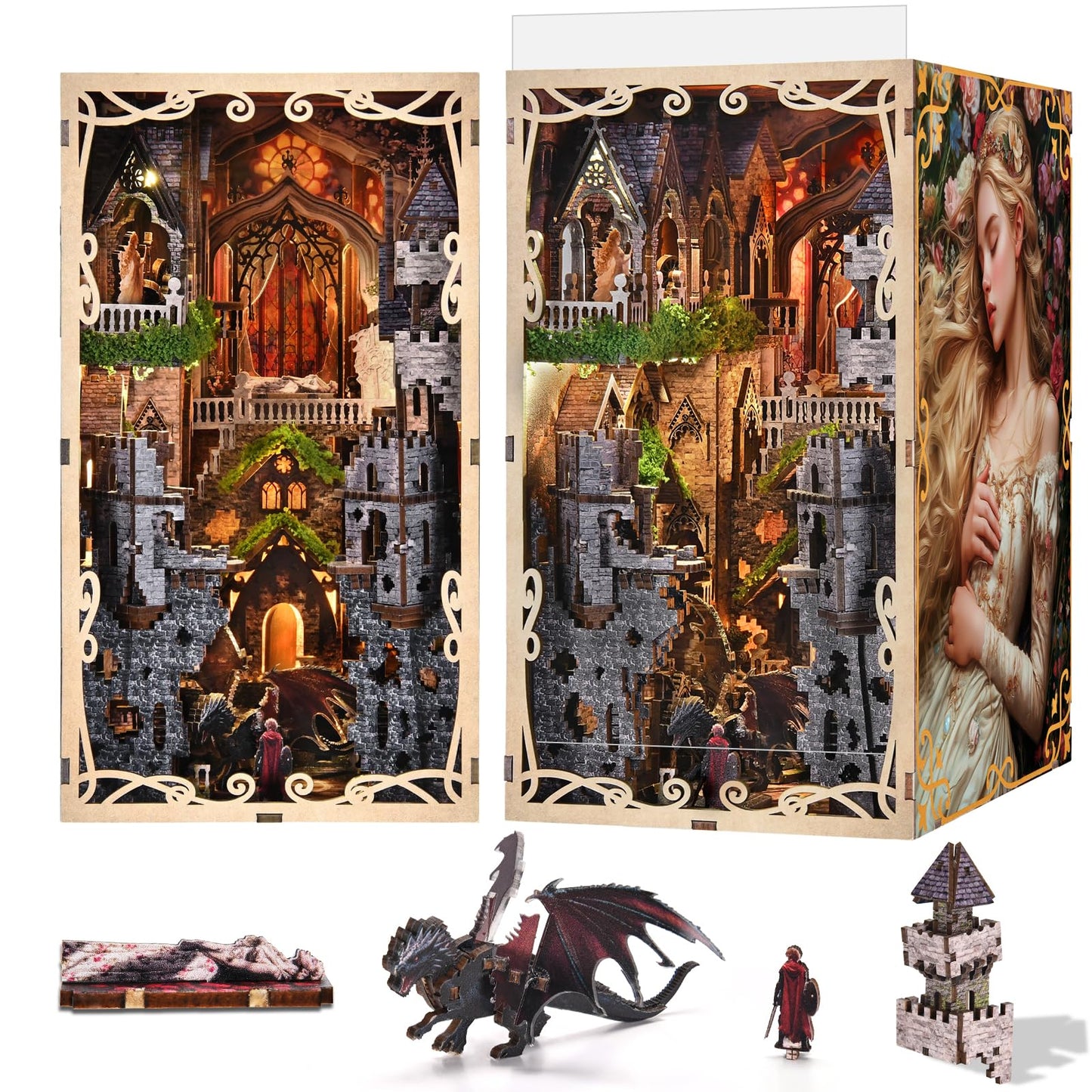 MiniCity Book Nook Kit for Adults, DIY 3D Wooden Puzzle Booknook Bookshelf Insert Decor with LED Light and Dust Cover (Sleeping Beauty)
