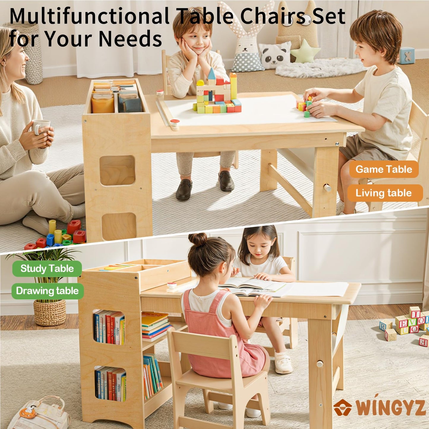 WINGYZ 5 in 1 Kids Art Table and Chairs - Toddler Activity Table and 2 Chair Set with Storage Cabinet, Wooden Kids Craft Table, Art Desk Sensory Table with Paper Roll for Playroom Ages 2-12 Gift