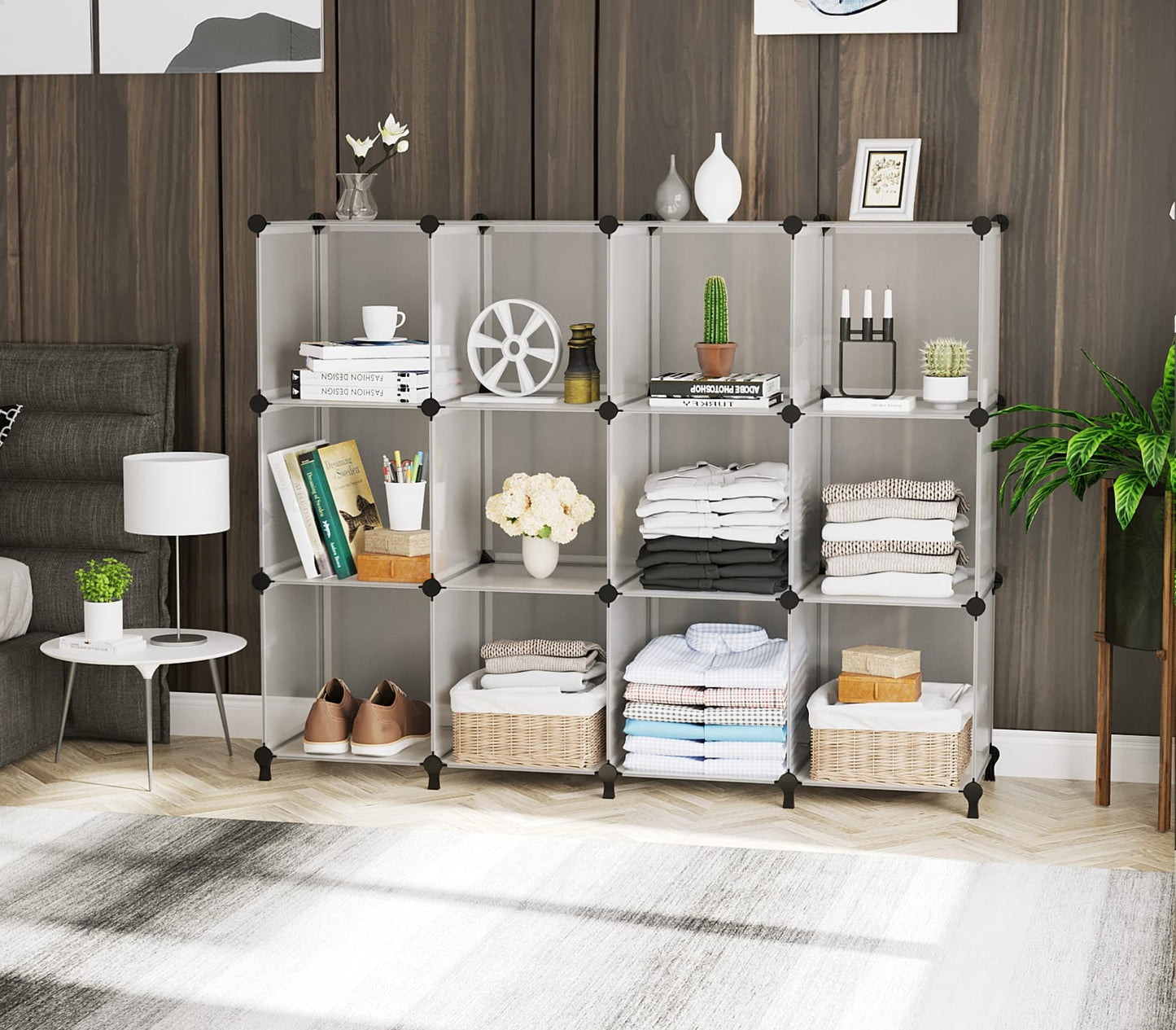 AWTATOS Cube Storage Organizer Storage 12 Cube Bookshelf DIY Plastic Closet Storage Shelves with Wooden Mallet, Ideal Storage Solution for Home, Bedroom, Translucent White