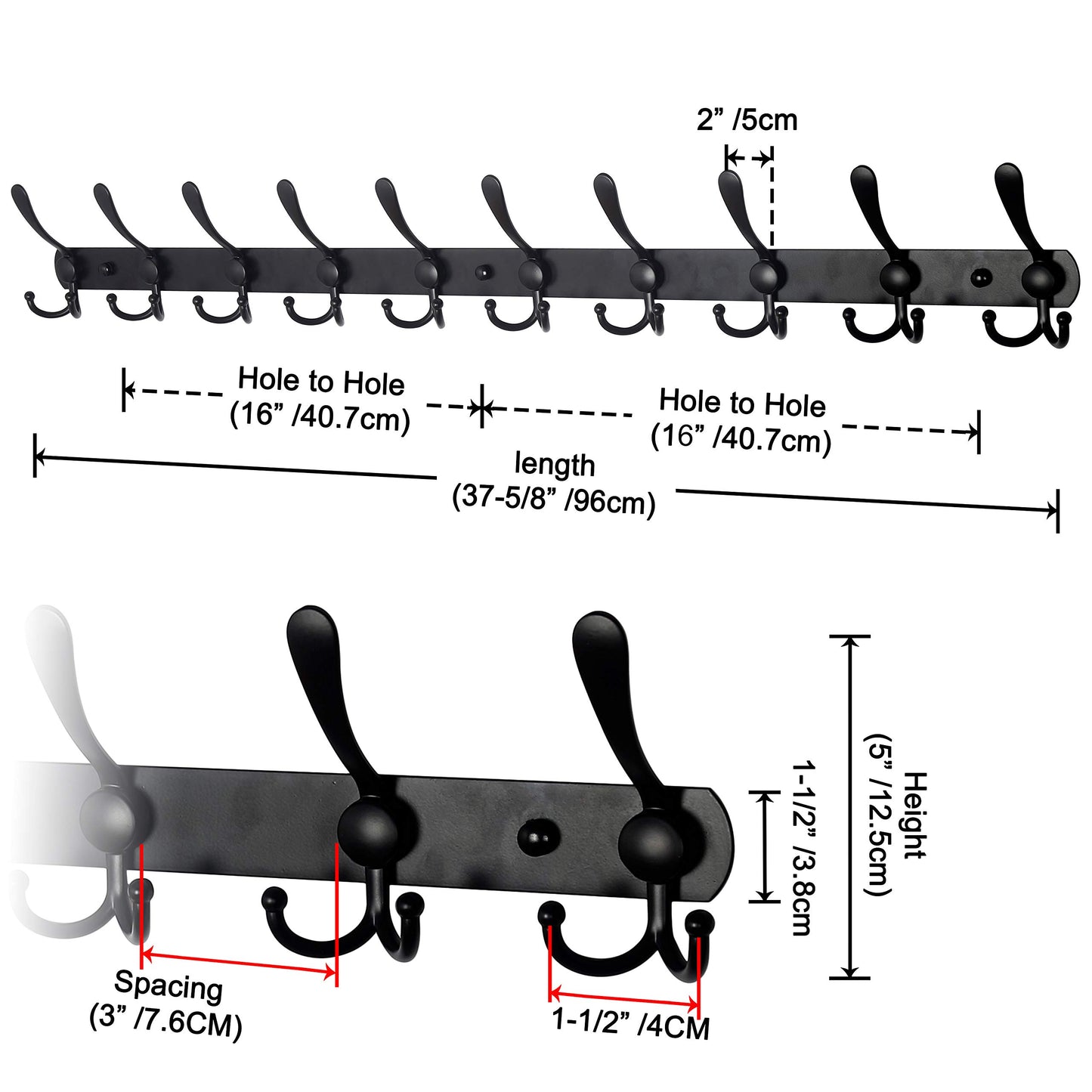 Dseap Coat Rack Wall Mount - 38” Long 10-Tri-Hooks Heavy Duty Coat Hanger Rail Wall Hooks for Hanging Coats Hats Clothing Clothes Purse Mudroom Entryway, Black
