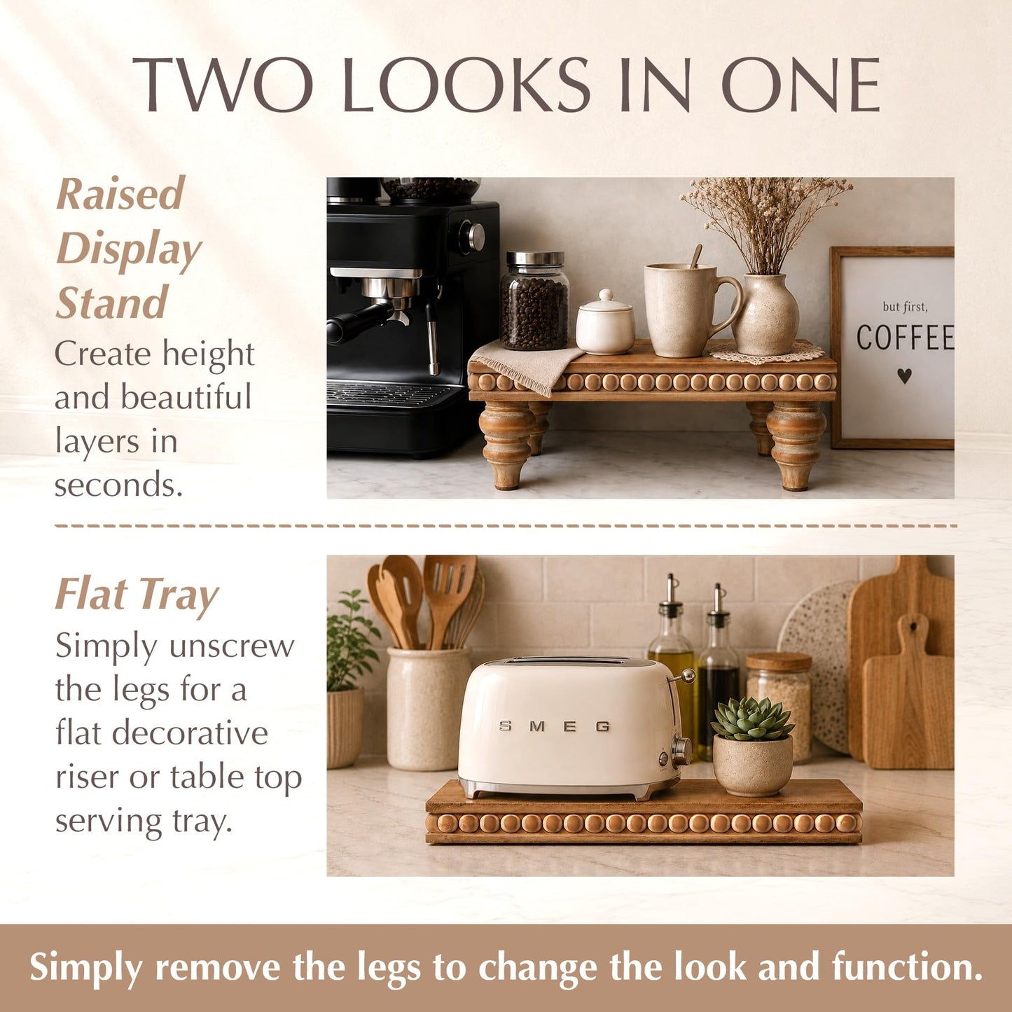 Felt Creative Home Goods Decorative Wood Risers for Decor | Tiered Tray Stand | Farmhouse Beaded Riser Stand for Decor | Wooden Pedestal Stand Large 12x16 Beaded Tray for Kitchen Coffee Bar (Brown)