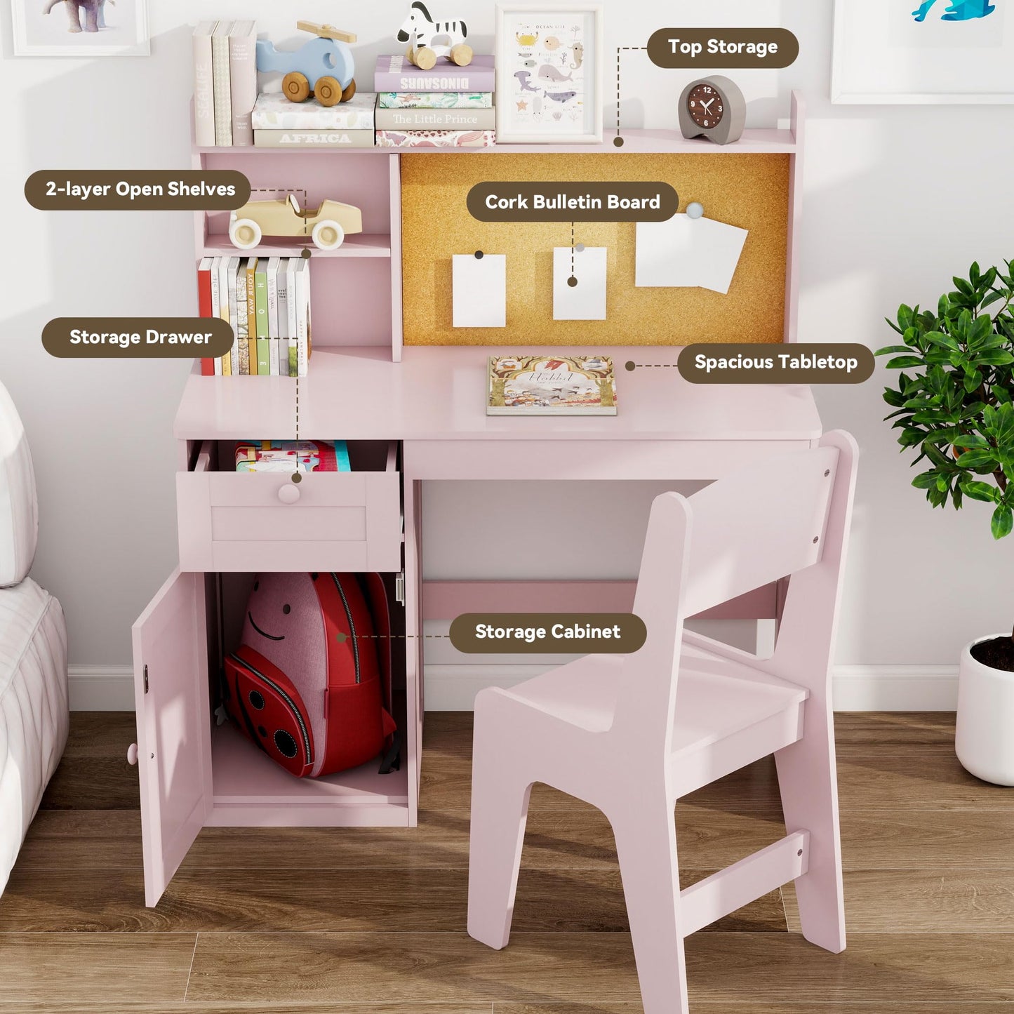 FTZxHKLX Kids Study Desk with Chair, Children Study Table and Chairs for 5-12 Years Old, Wooden Kids Desk and Chair Set with Hutch and Storage Cabinet for Bedroom, Study Room, Pink