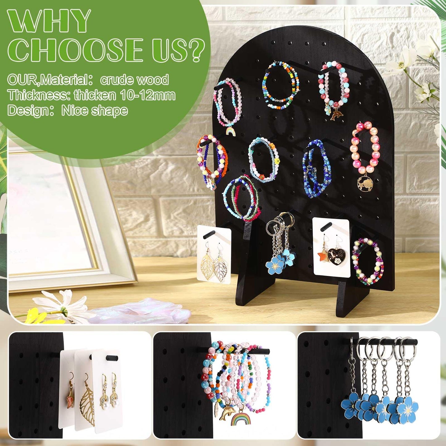 Colingmill 2 Sets Keychain Display Stand Wooden Pegboard Display Stand with 25 Pcs Dowel Rods Oval Bracelet Organizer Holder for Jewelry, Craft Shows, Necklace, Selling, 15.75" x 11.81" (Black)