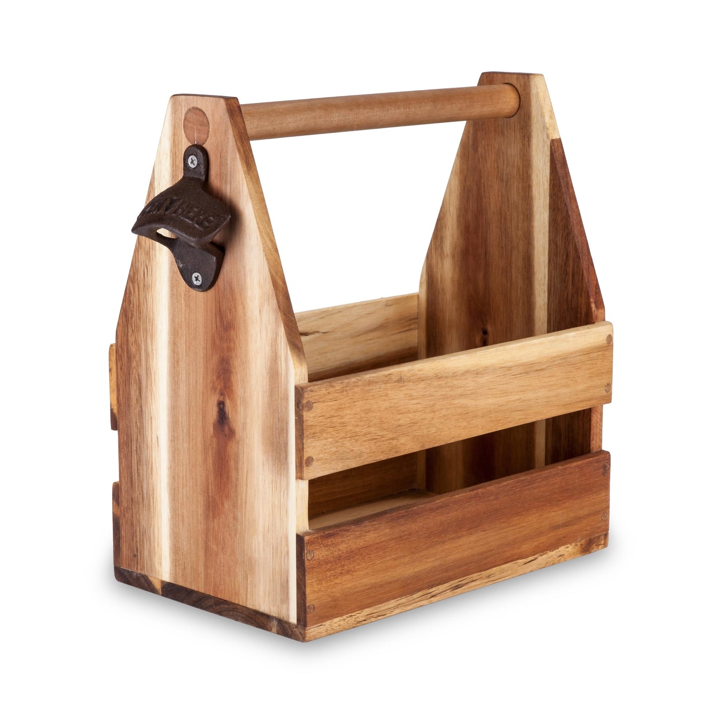 Foster & Rye Acacia Wood 6-pack Beer Carrier - Growler Bottle Caddy, Drink Holder, Liquor Bottle Organizer