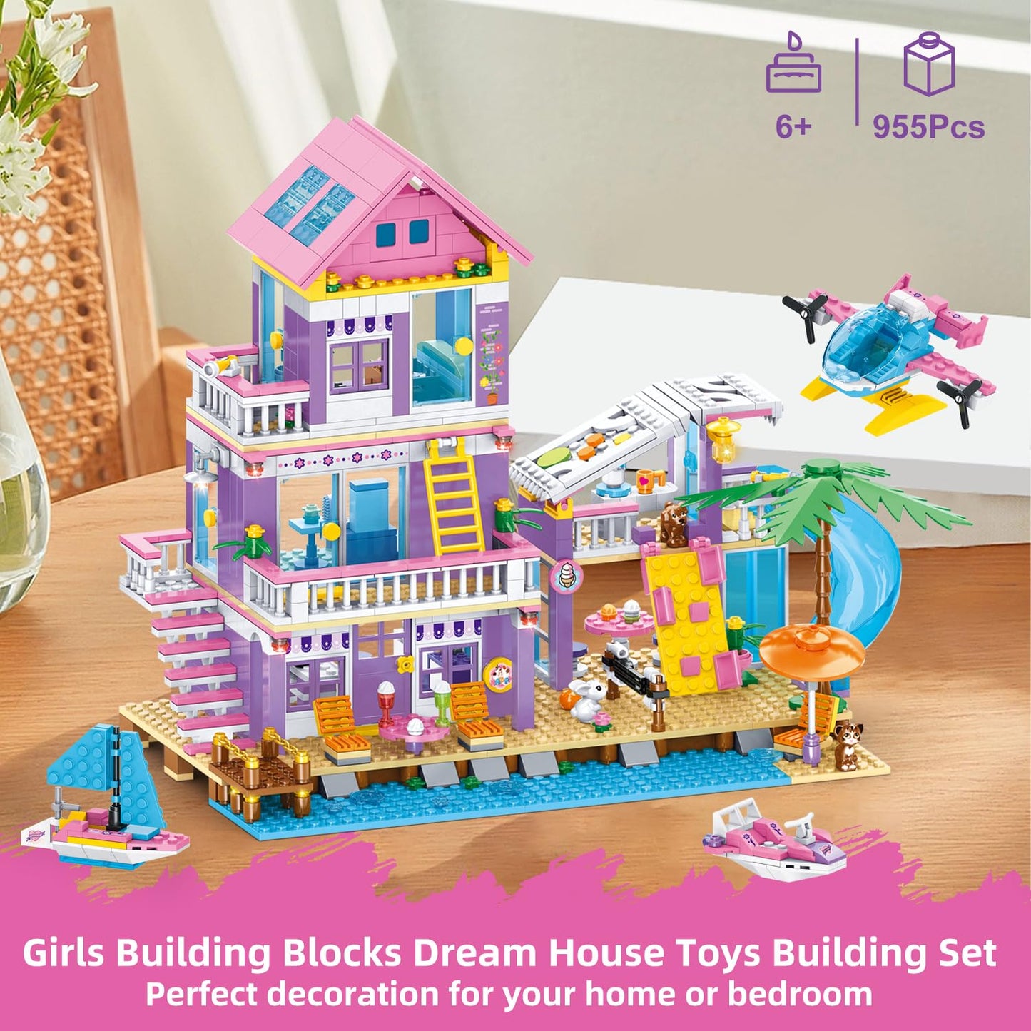 WINGIFT 955 Piece Beach House Building Set,Seaside Beach Villa Building Toys Friends Vacation Hut Blocks Set,STEM BuildingToys with Helicopter,Yacht,Sailboat,Christmas Birthday Gift for Girl Age 6-12+