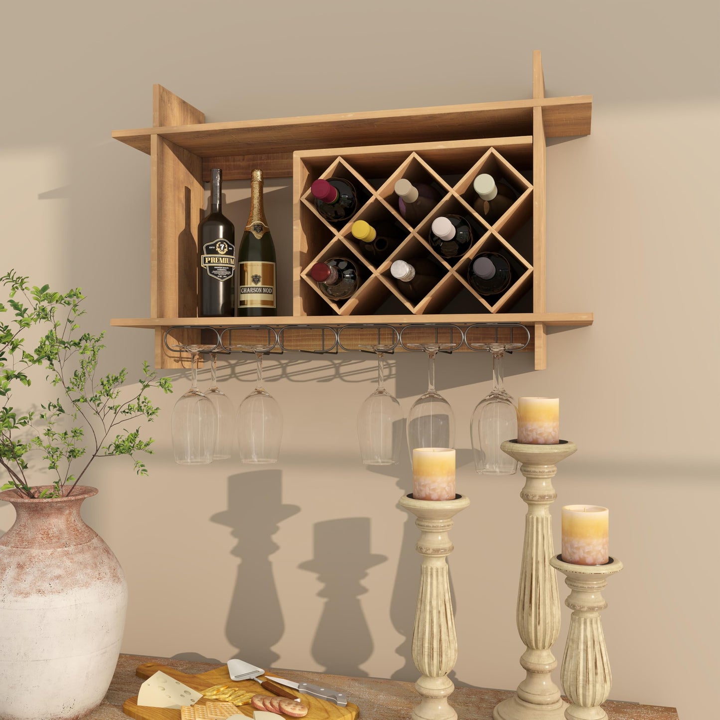 Deco 79 Wood Geometric 8 Bottle Slot Wall Wine Rack with 6 Glass Holder Slots, 34" x 8" x 20", Brown