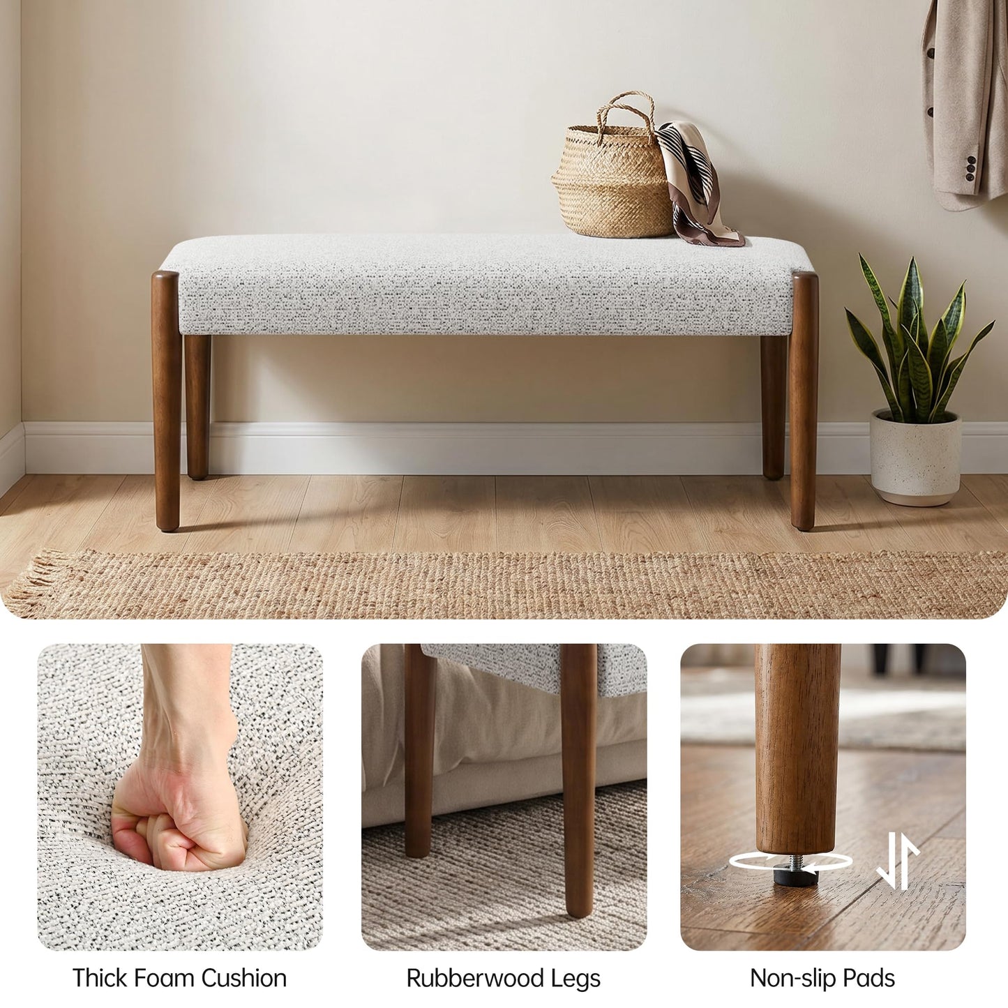 Usaint 42" End of Bed Bench, Modern Upholstered Bedroom Bench with Rubberwood Legs, Entryway Bench with Cushion, Dining Bench for Living Room, Bedroom, Heathered Off-White with Walnut Leg