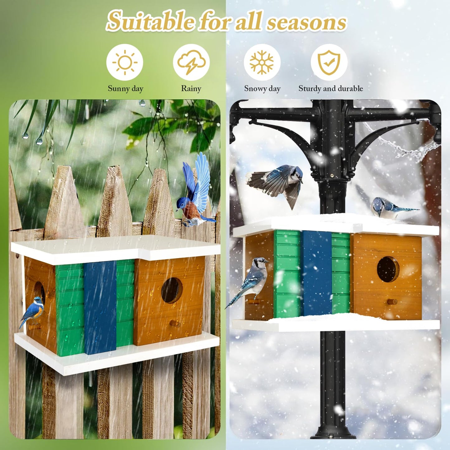 CLACKIBUKVYZ Bird House - Wooden Birdhouse with 2 Entrances - Outdoor Hanging Bird Nesting Box for Bluebirds, Finches, Cardinals - Durable Solid Wood Design, Ideal for Garden Decoration