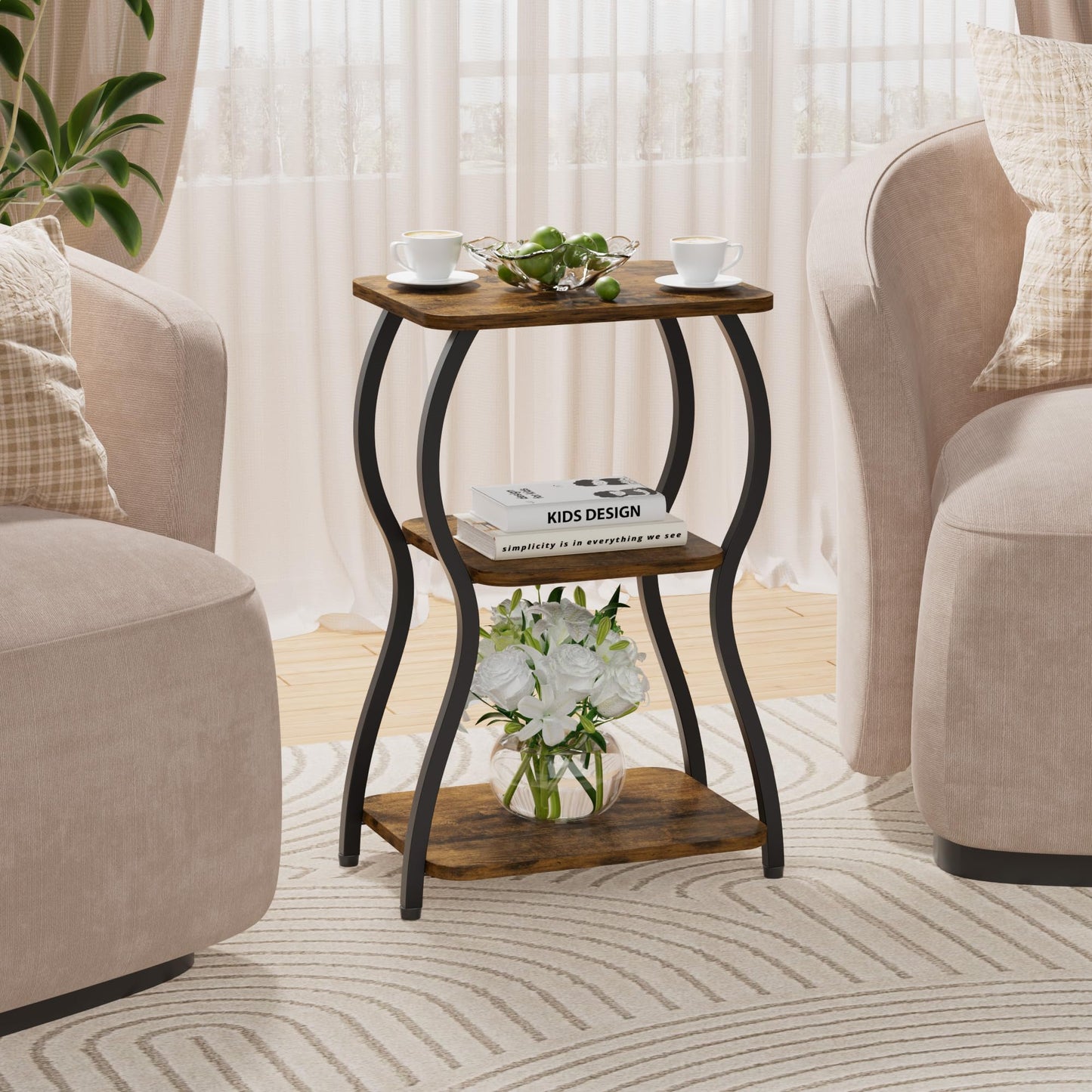 JUSTOGO Side Table, Small End Table for Small Spaces, 3-Tier Tall Nightstand Sofa Corner Accent Table Coffee Table with Storage Shelf for Living Room, Bedroom, Patio, Home Decor, Rustic Brown