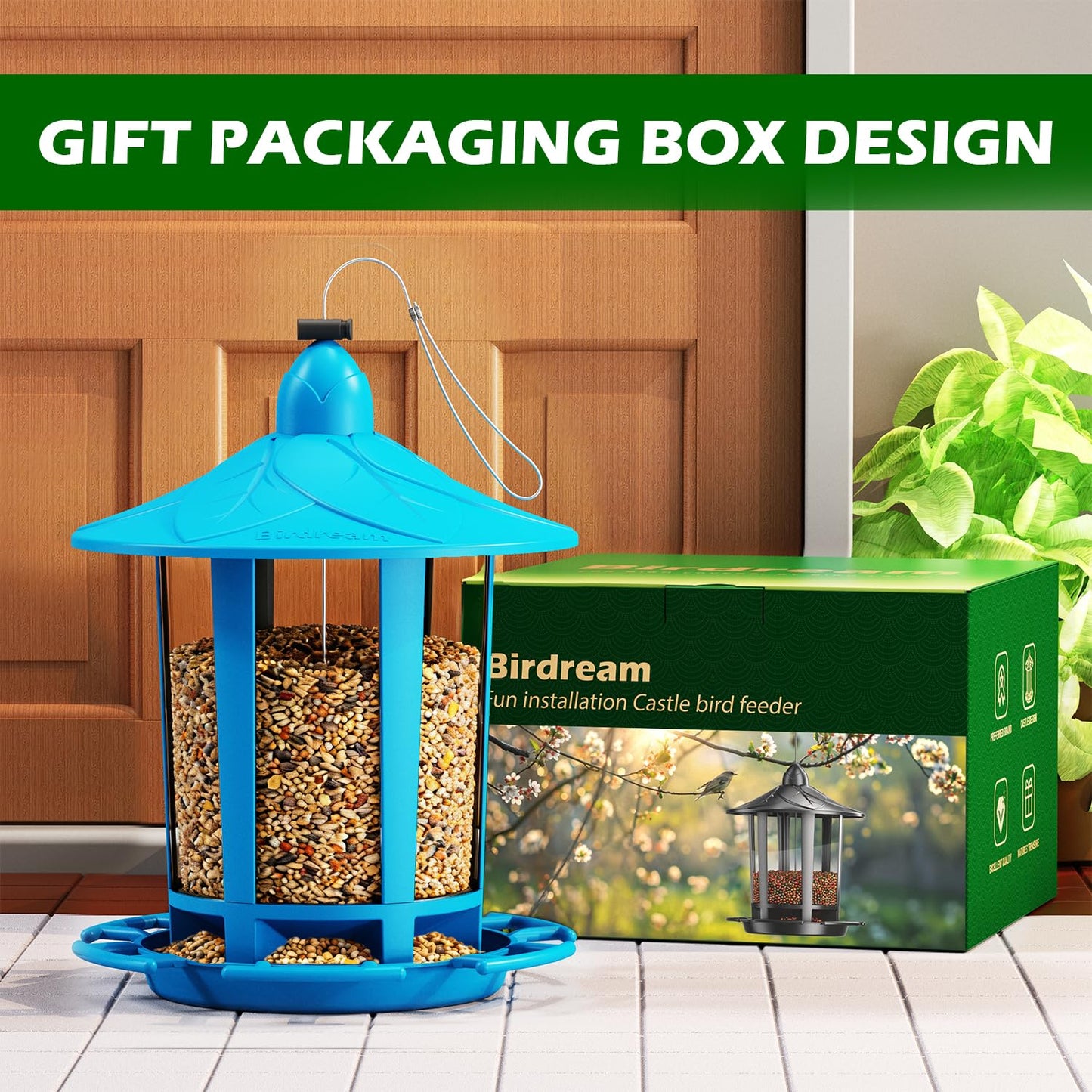 Birdream 2 Pack Bird Feeders for Outdoor Hanging, Assembly Required, 1-Min Easy Setup, Charming Castle Design, Attracting Cardinals Chickadees Goldfinches & Sparrows - Blue