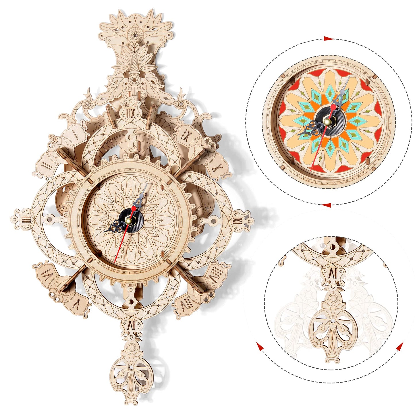 3D Wooden Puzzle Clock Kit DIY Mechanical Wall Clock Hanging Pendulum Gift for Adults & Teens