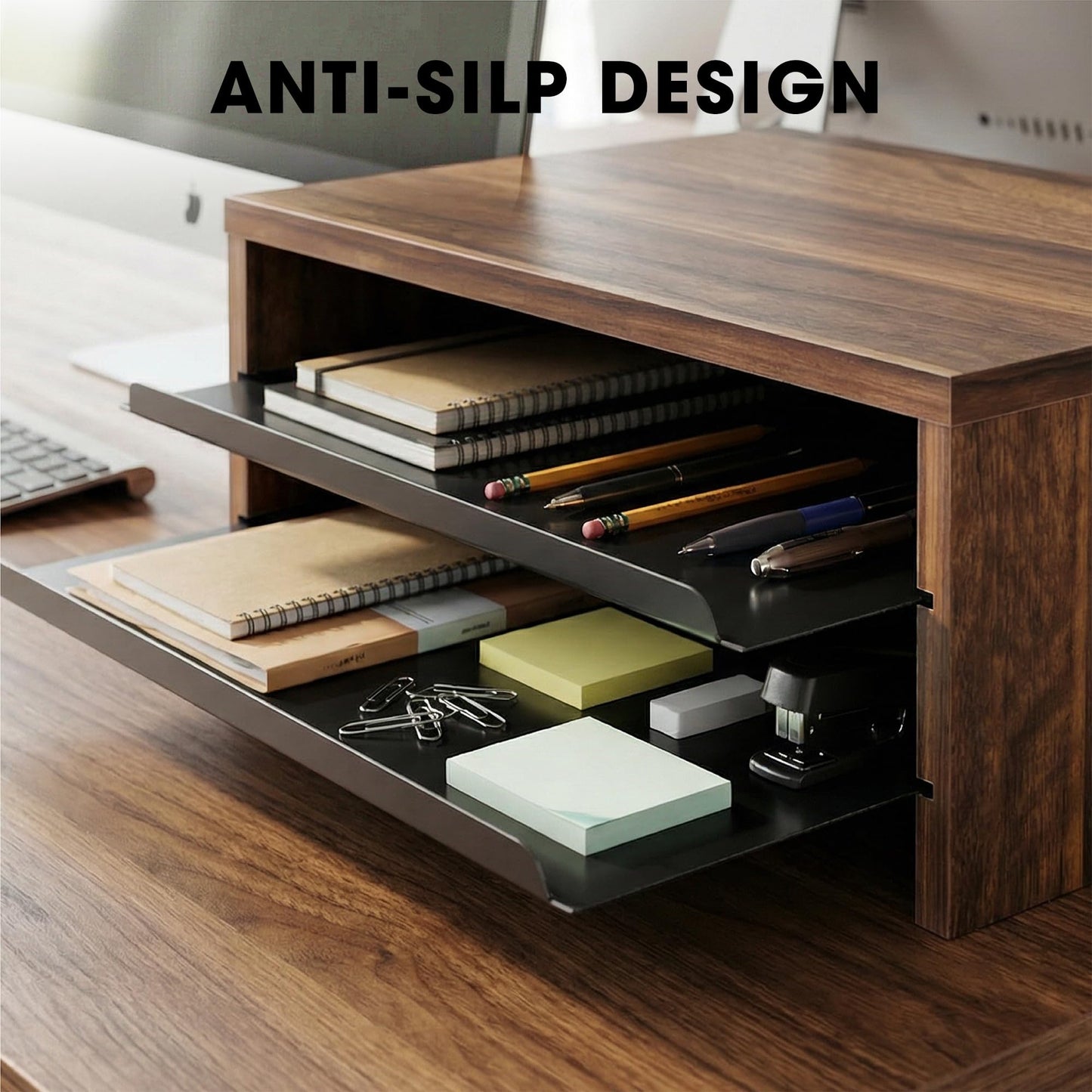 Fenge Monitor Stand, 3-Tier Monitor Riser with Slide-Out Tray, Wooden and Metal Desktop Organizer for Home Office, Computer, Laptop, Printer, Telephone