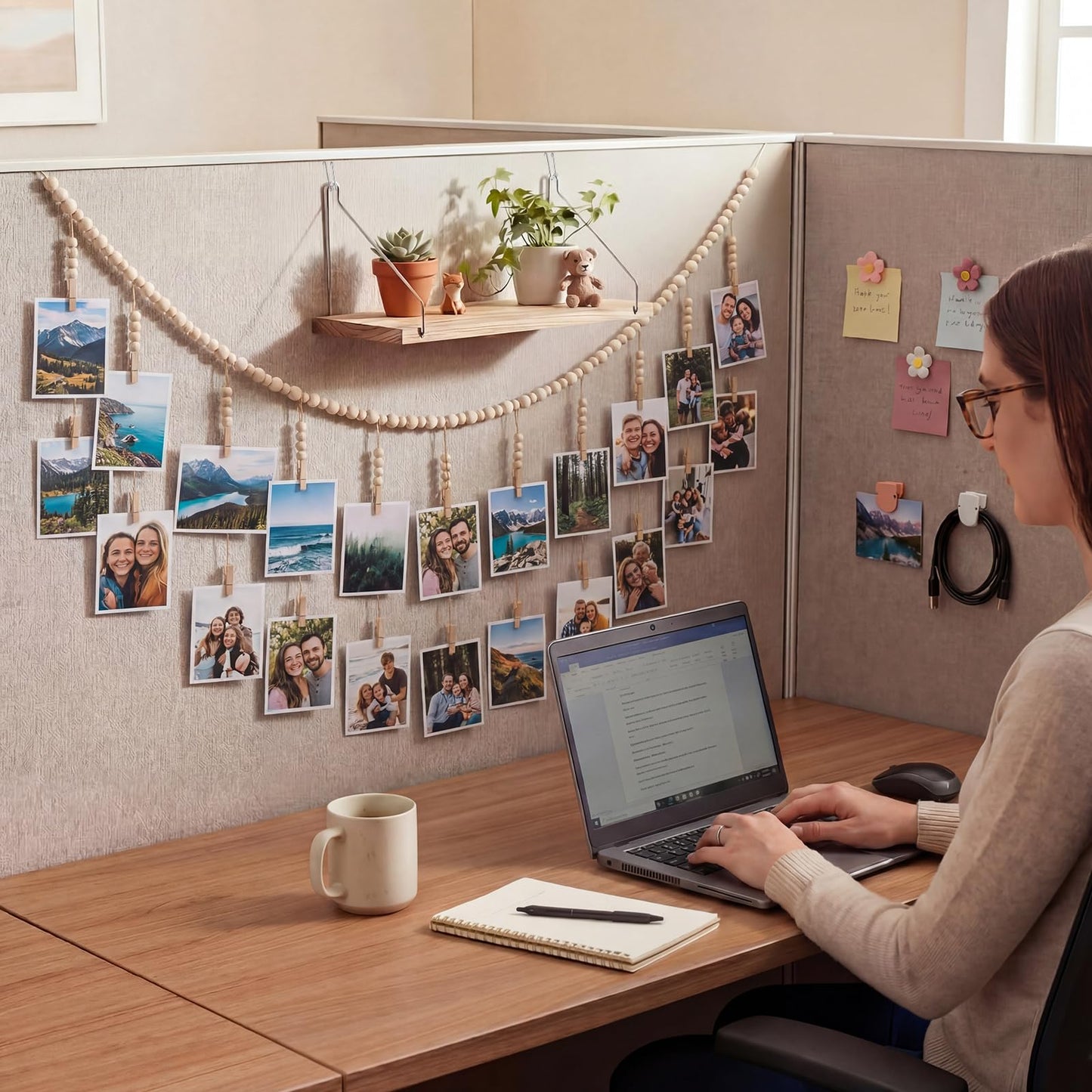 Sieral 48 Pcs Office Cubicle Decor Set, Boho Hanging Photo Display with 24 Wooden Clips, 2 Fabric Wall Shelves, 30 Flower Push Pins, 15 Cubicle Clips, Aesthetic Wall Decor for Office, Dorm & Workspace
